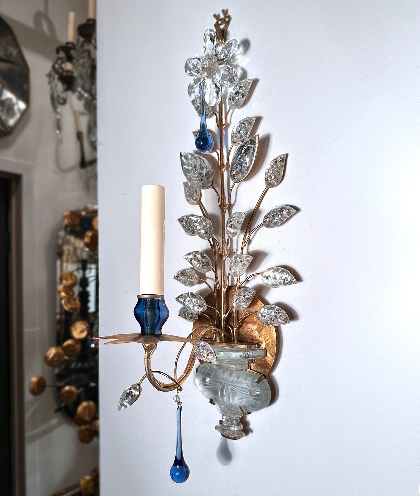 Metal Set of French Molded Glass and Blue Drop Sconces, Sold per Pair For Sale
