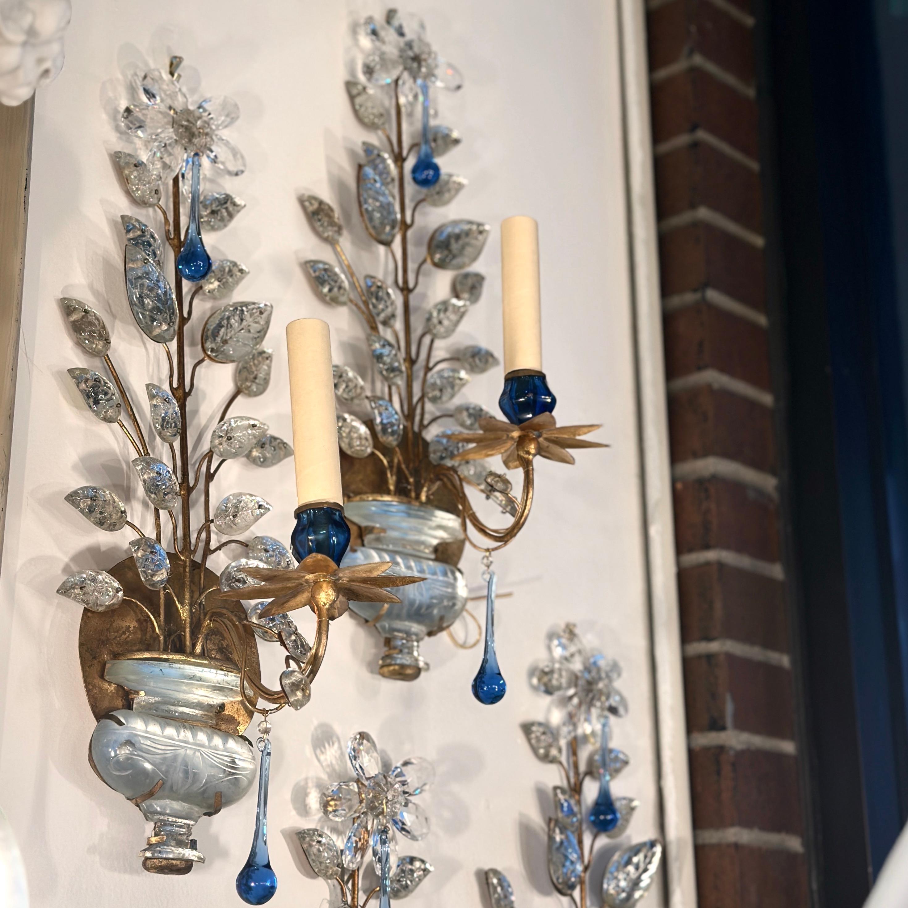 Set of French Molded Glass and Blue Drop Sconces, Sold per Pair For Sale 1