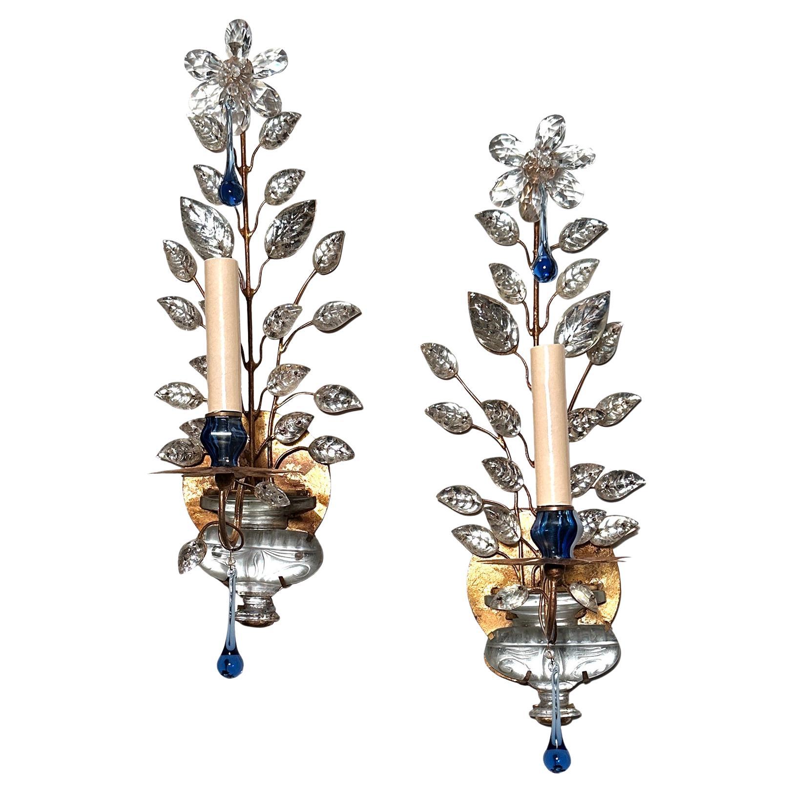 Set of French Molded Glass and Blue Drop Sconces, Sold per Pair For Sale