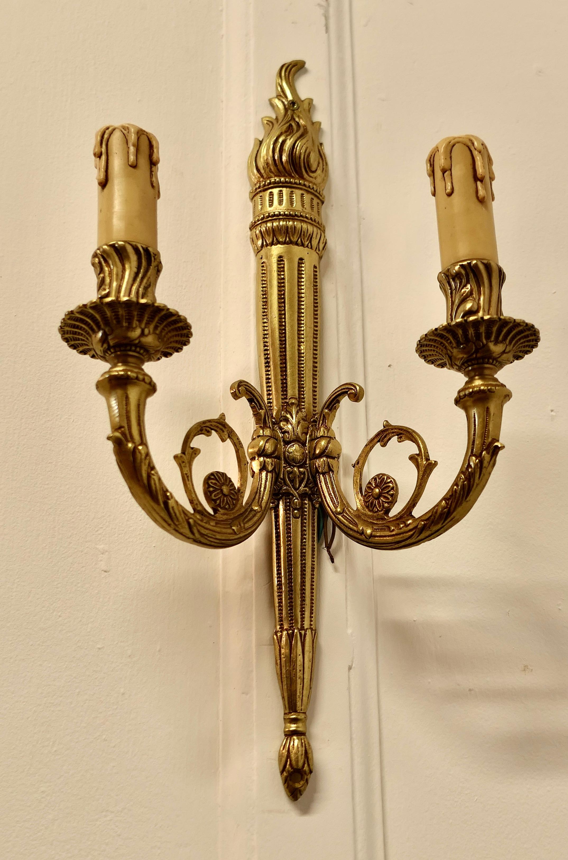 Early 20th Century Set of French Neo Classical Large Brass Twin Wall Lights   For Sale