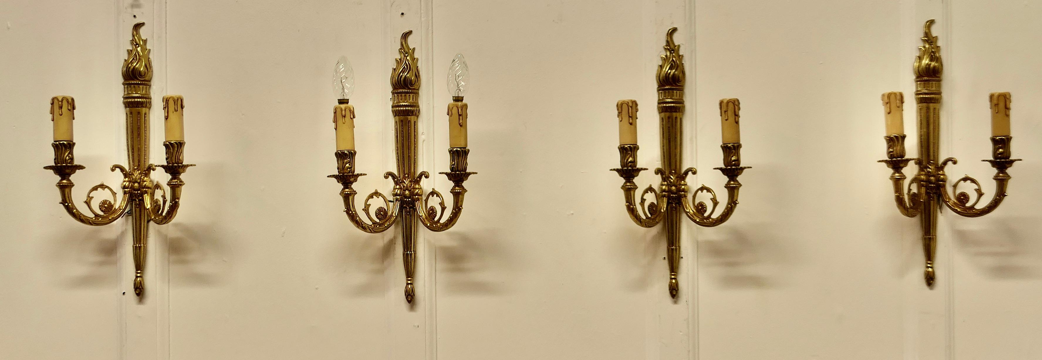 Set of French Neo Classical Large Brass Twin Wall Lights   For Sale 1