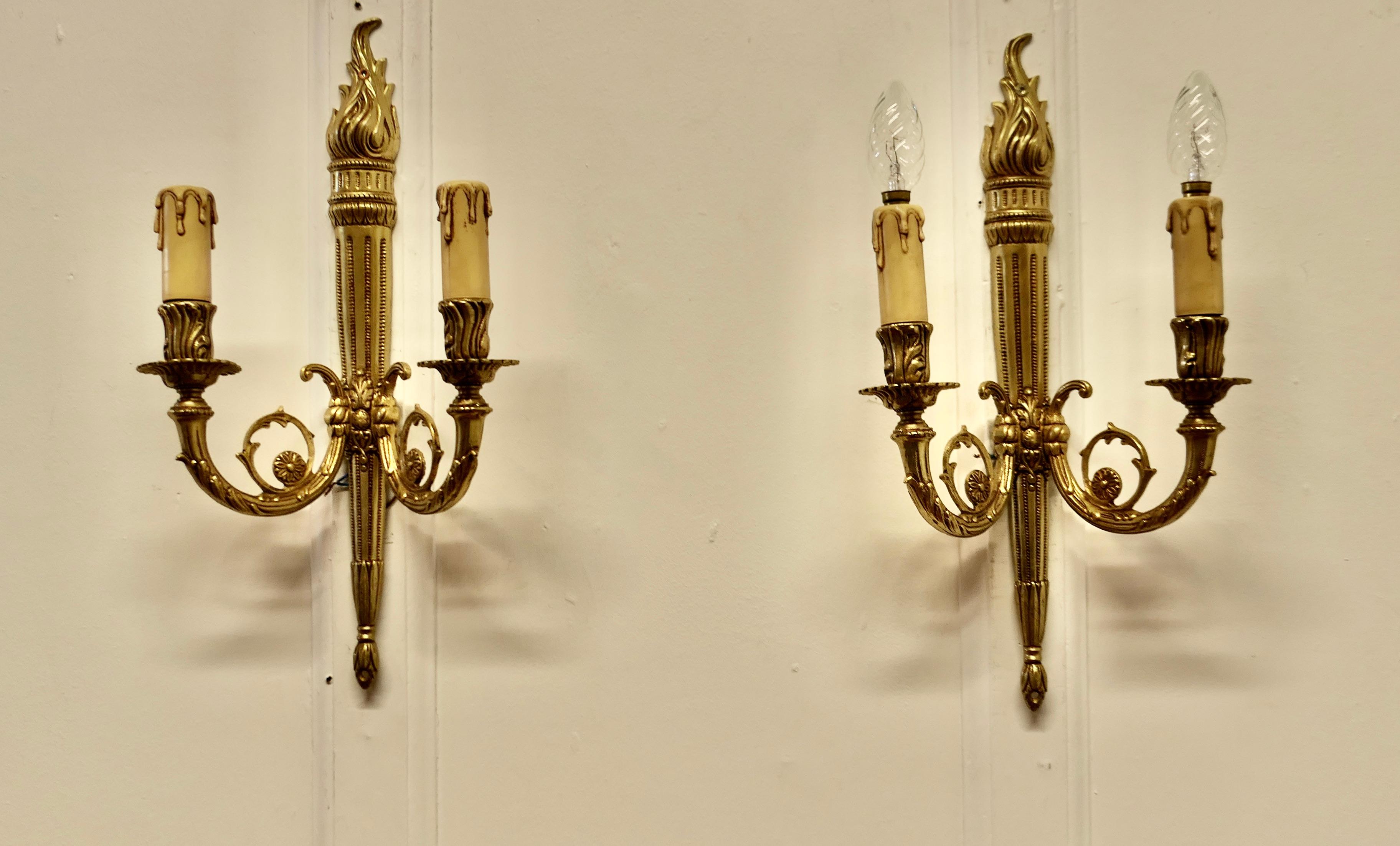 Set of French Neo Classical Large Brass Twin Wall Lights   For Sale 2