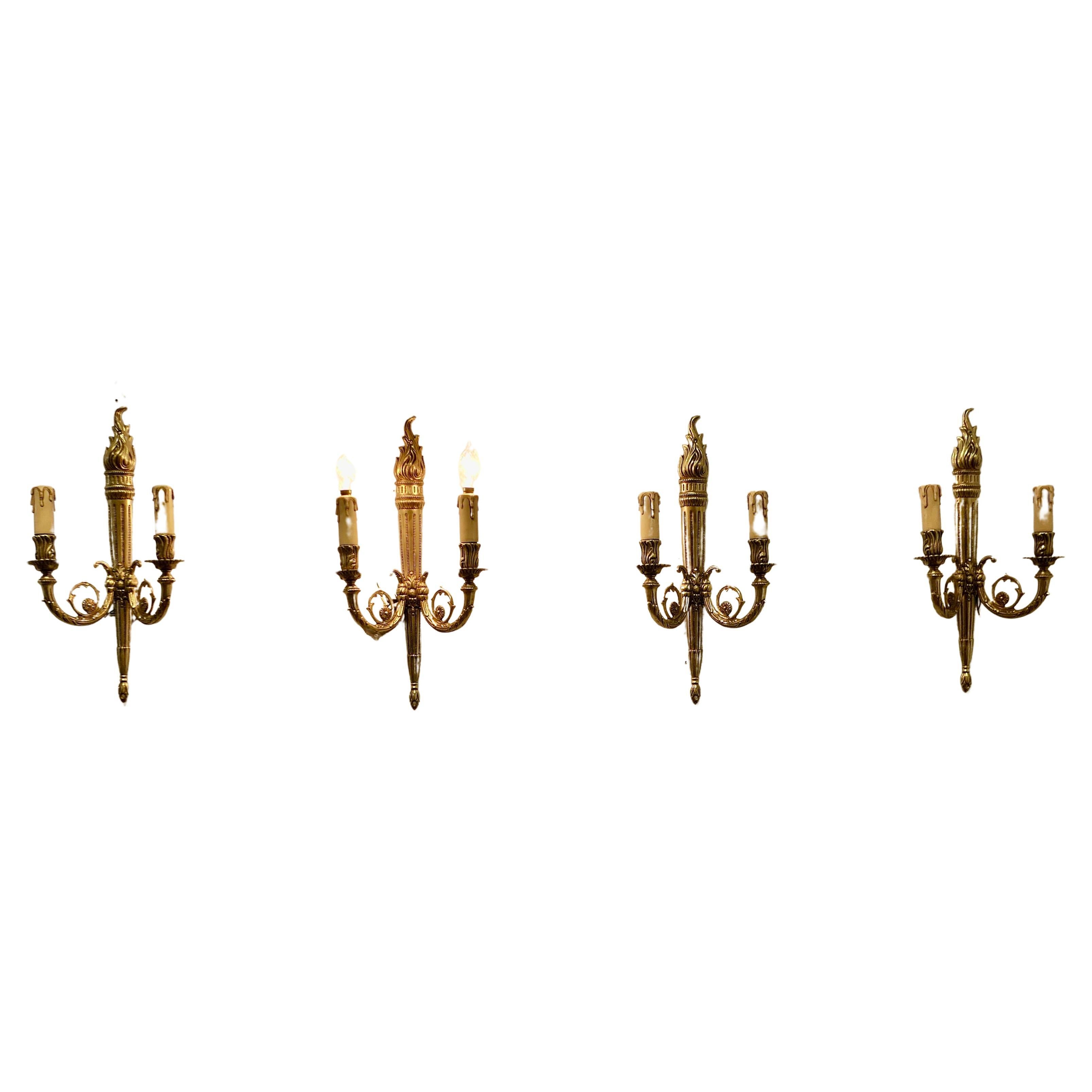 Set of French Neo Classical Large Brass Twin Wall Lights   For Sale