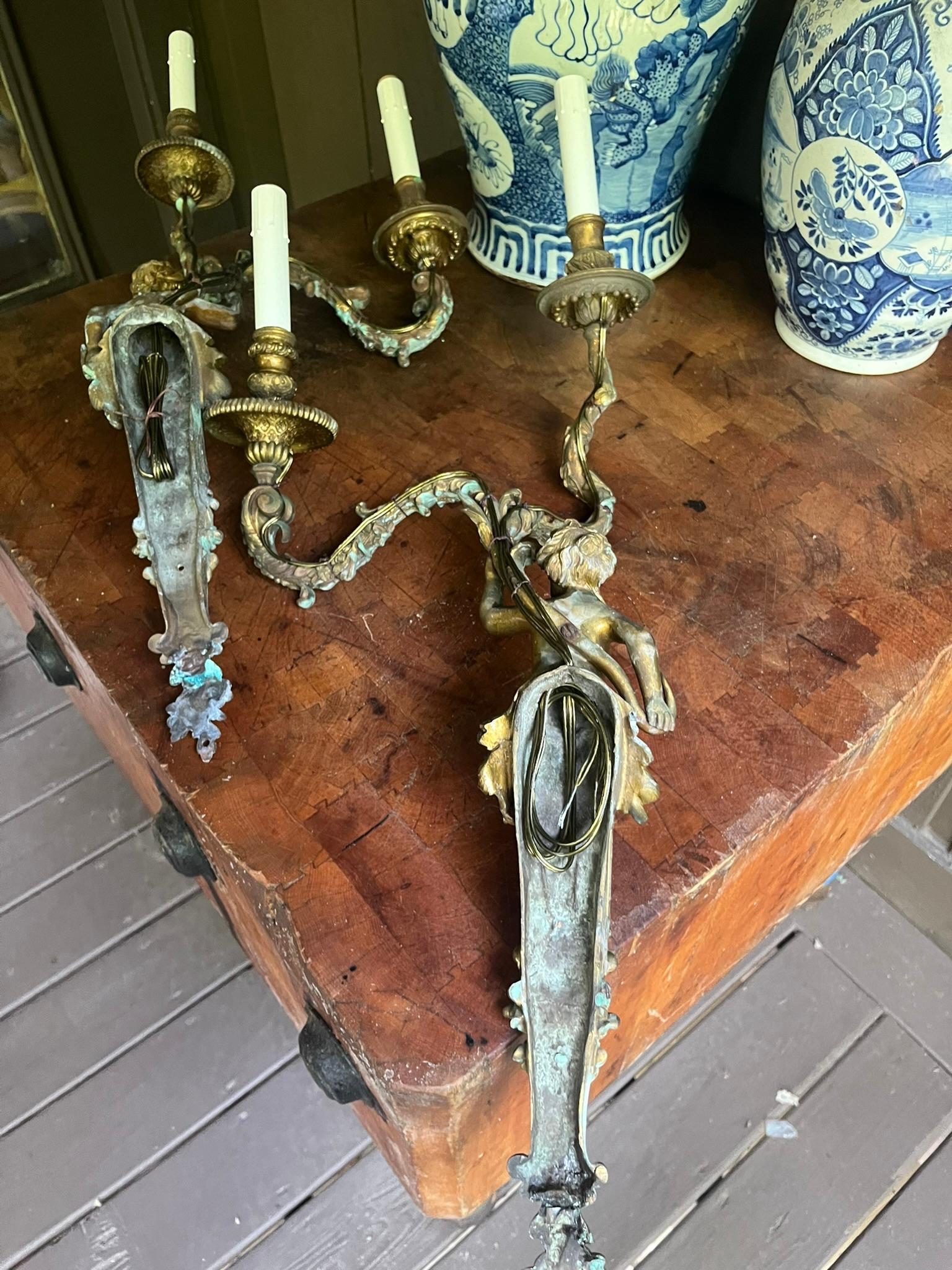 Set of French or Italian Large Bronze Sconces with Burnish and Verdigris 5