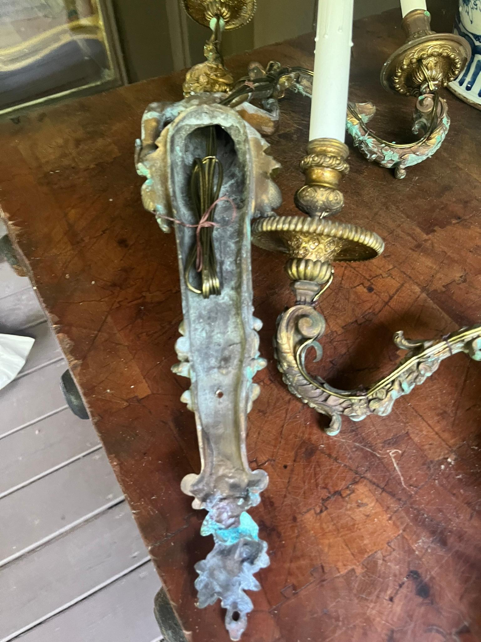 Set of French or Italian Large Bronze Sconces with Burnish and Verdigris 6