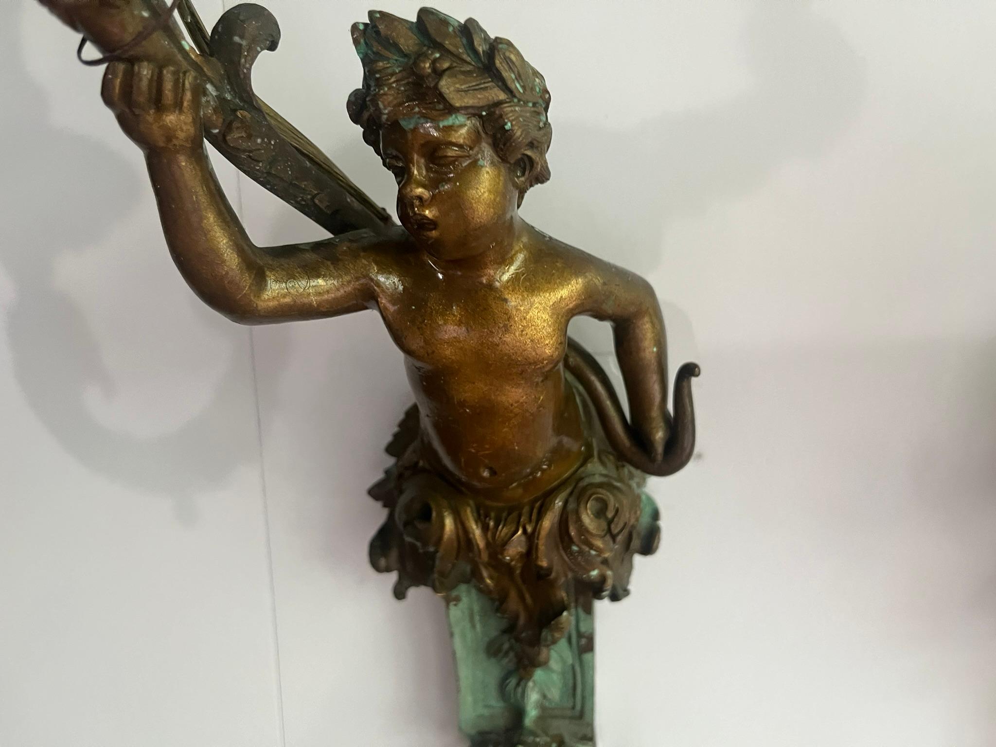 Set of French or Italian Large Bronze Sconces with Burnish and Verdigris 8