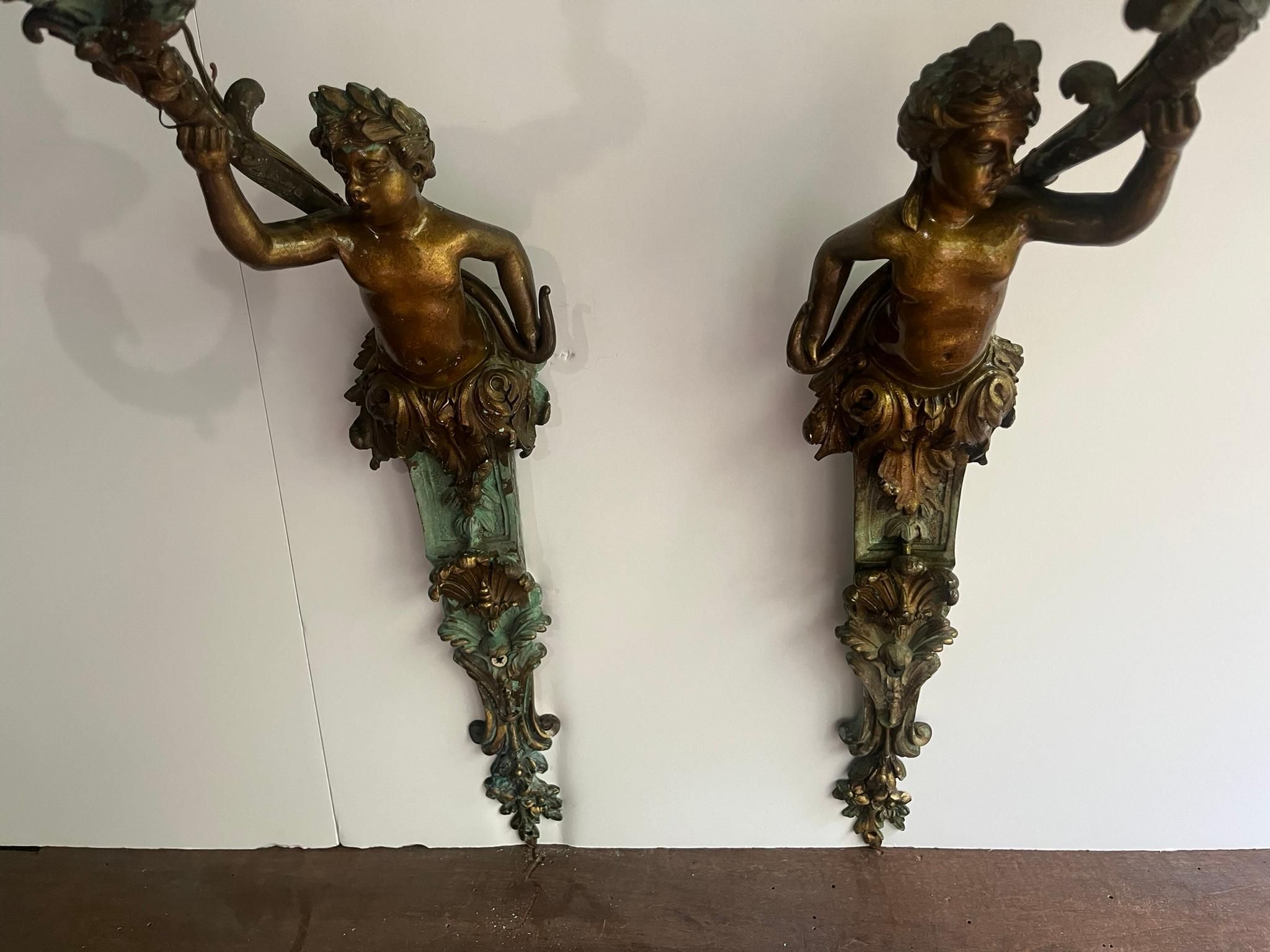 Set of French or Italian Large Bronze Sconces with Burnish and Verdigris 9
