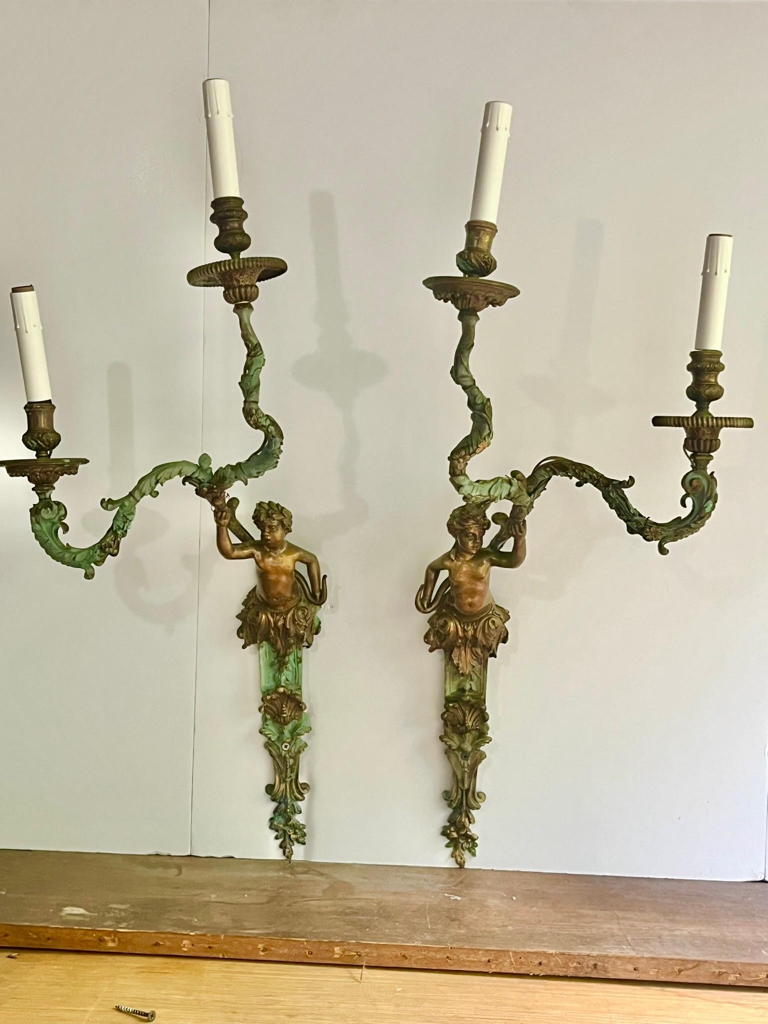 Set of French or Italian Large Bronze Sconces with Burnish and Verdigris 10