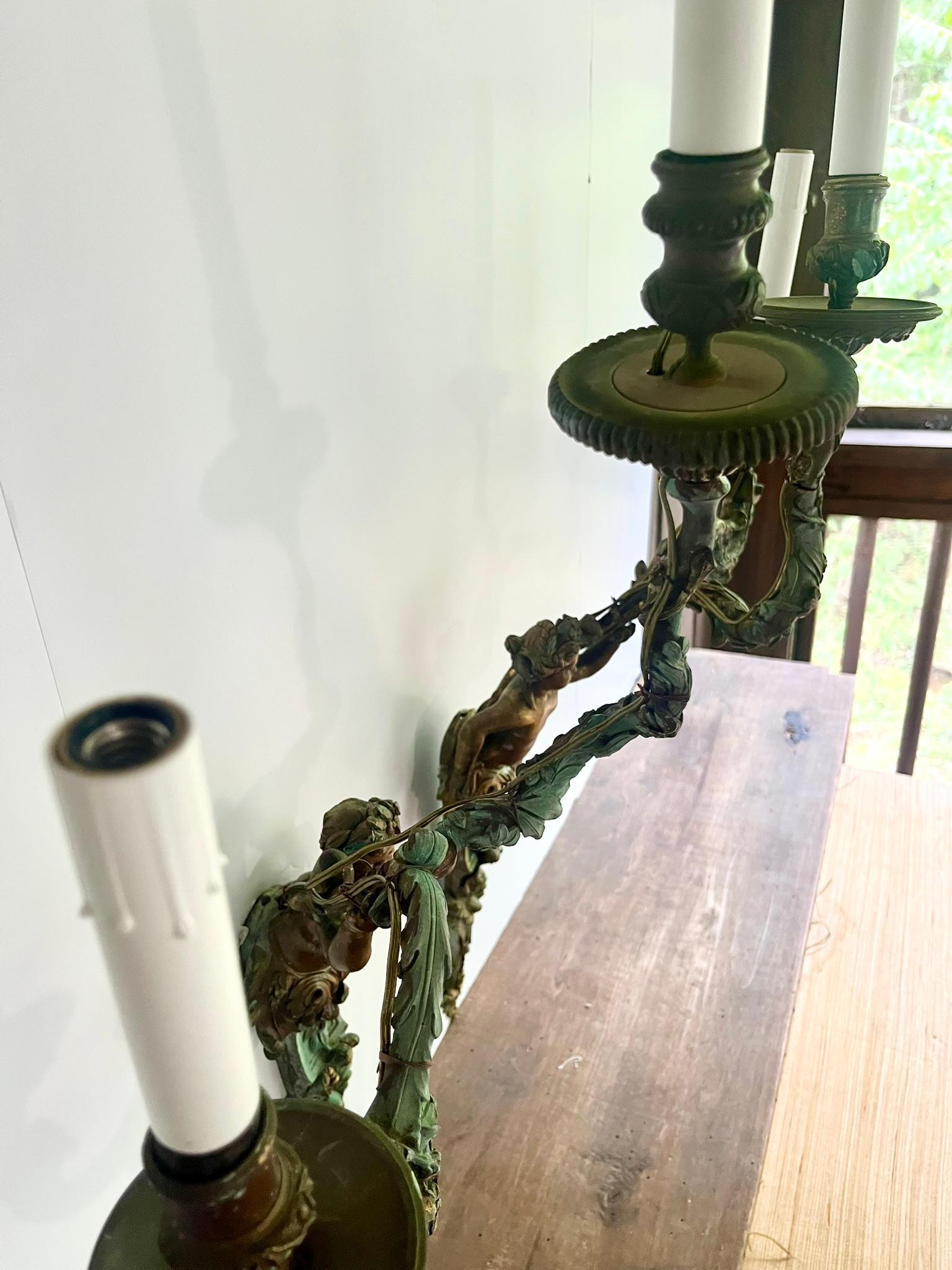 Set of French or Italian Large Bronze Sconces with Burnish and Verdigris 11