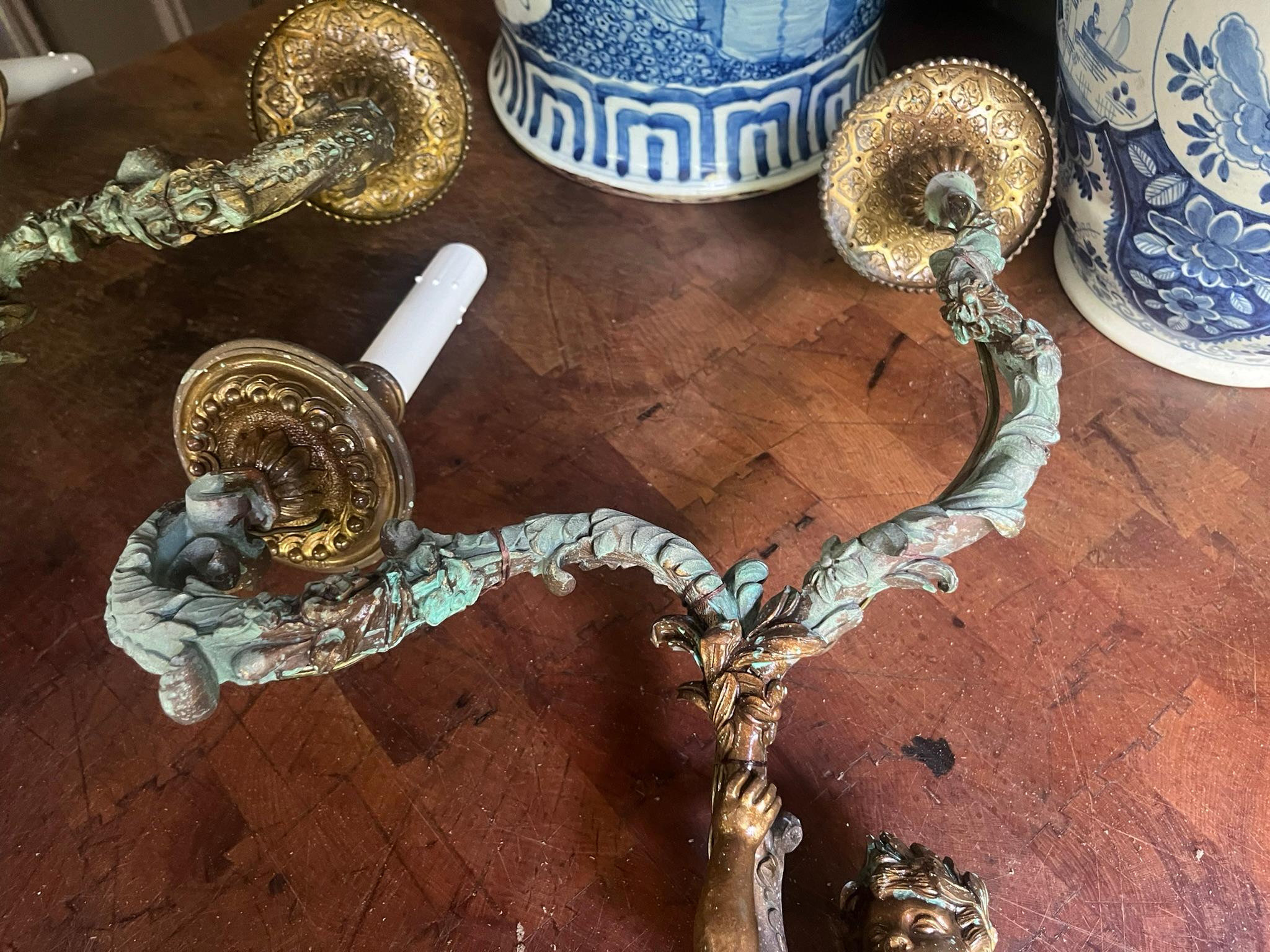 Set of French or Italian Large Bronze Sconces with Burnish and Verdigris 13