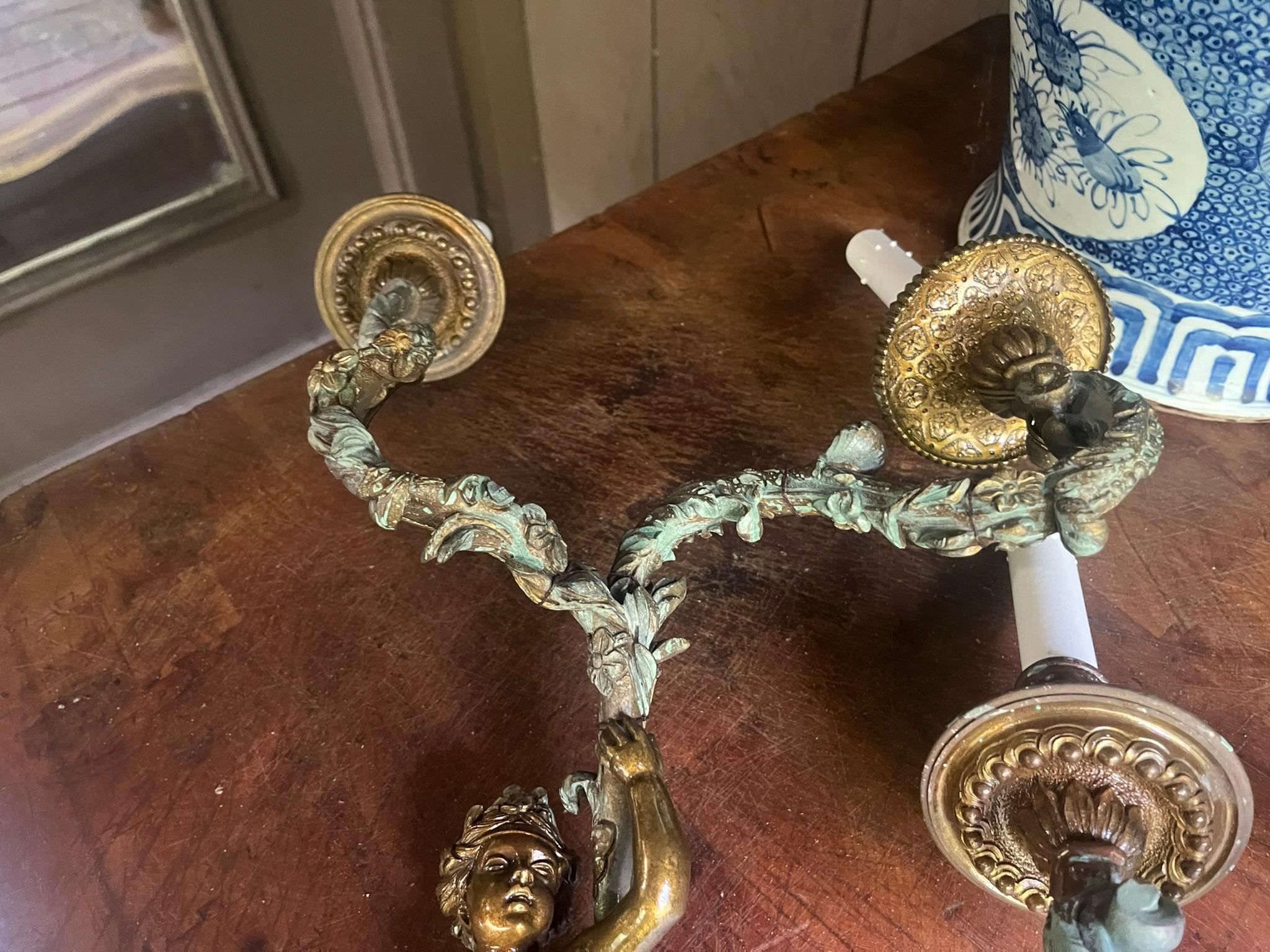 Set of French or Italian Large Bronze Sconces with Burnish and Verdigris 14