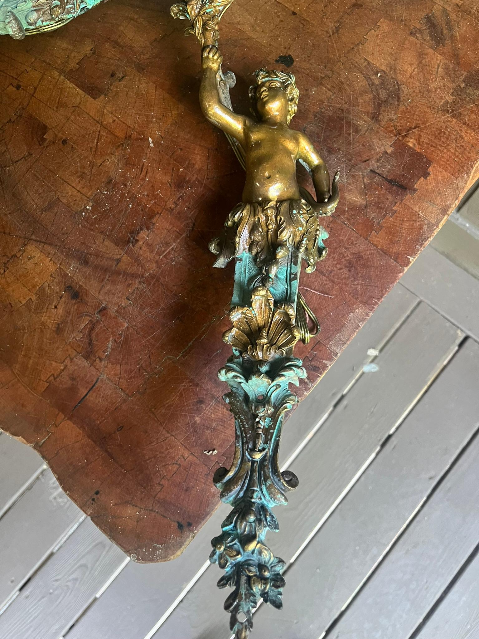 Louis XV Set of French or Italian Large Bronze Sconces with Burnish and Verdigris