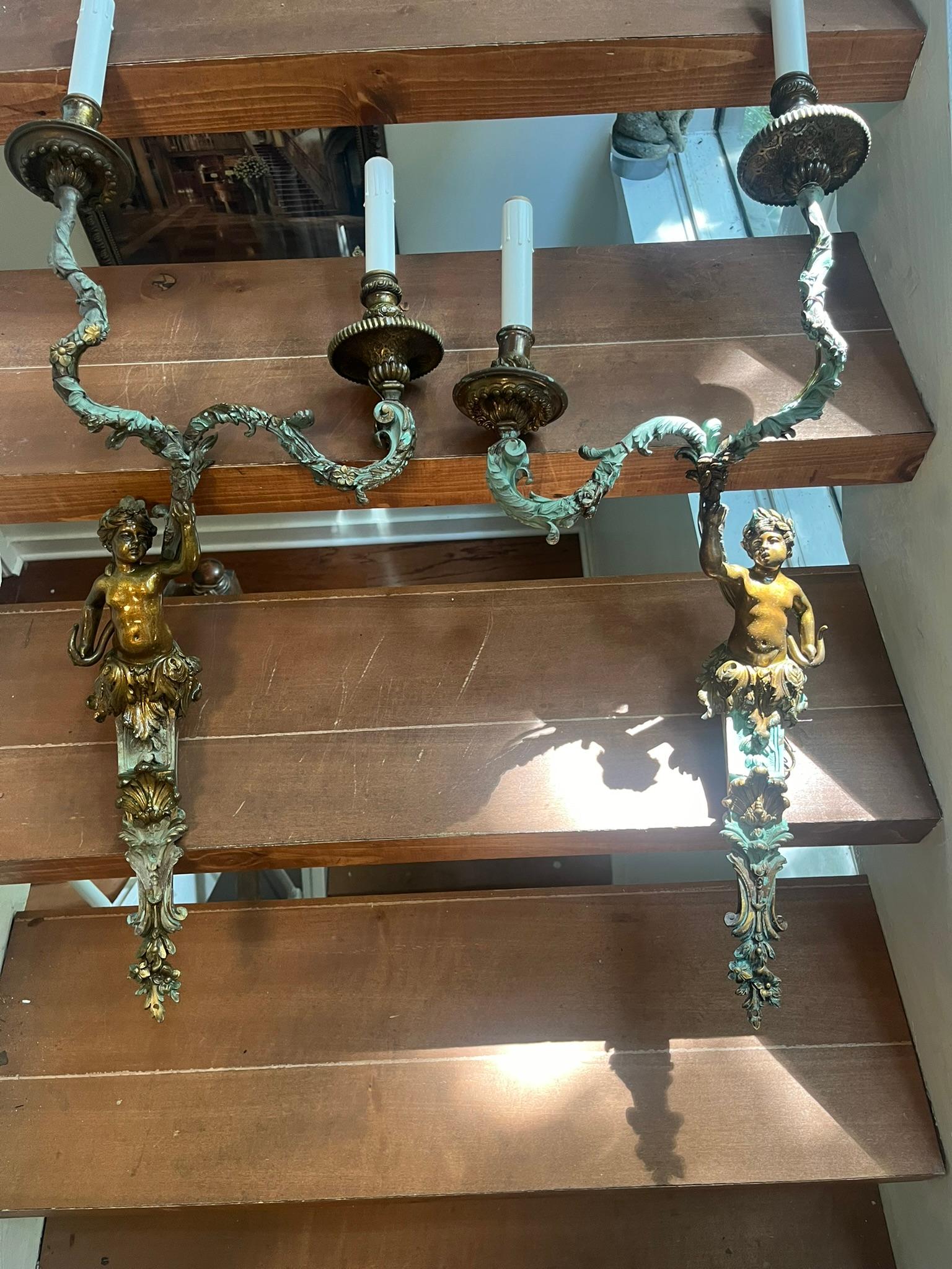 Set of French or Italian Large Bronze Sconces with Burnish and Verdigris In Distressed Condition In Nashville, TN