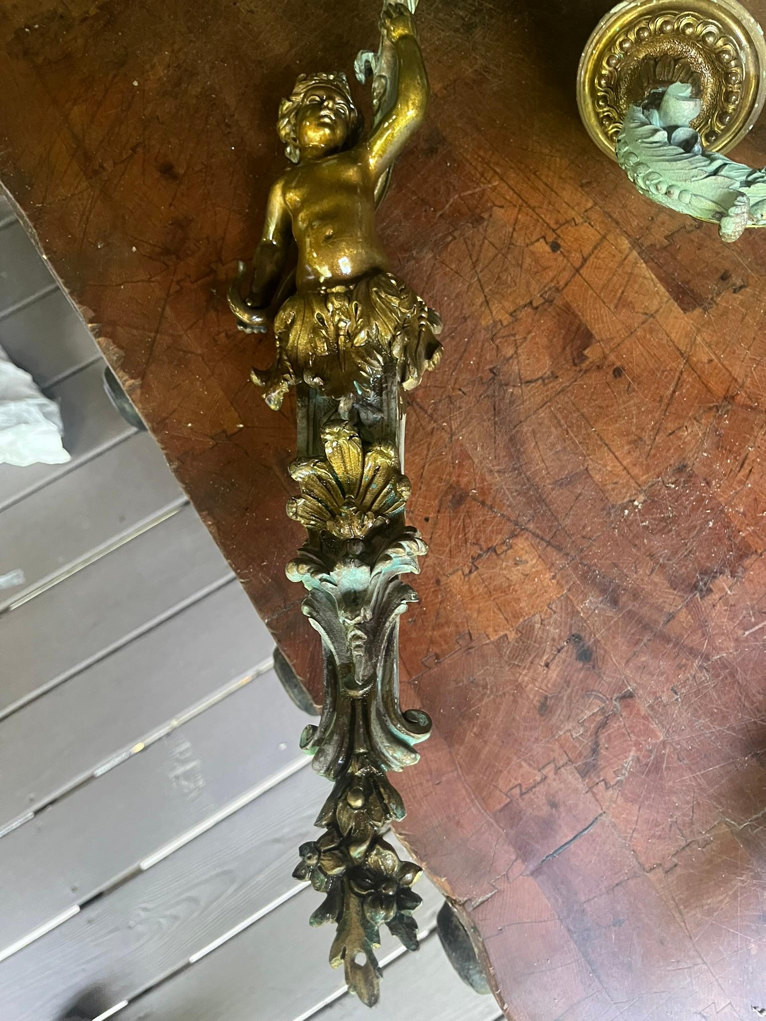 20th Century Set of French or Italian Large Bronze Sconces with Burnish and Verdigris