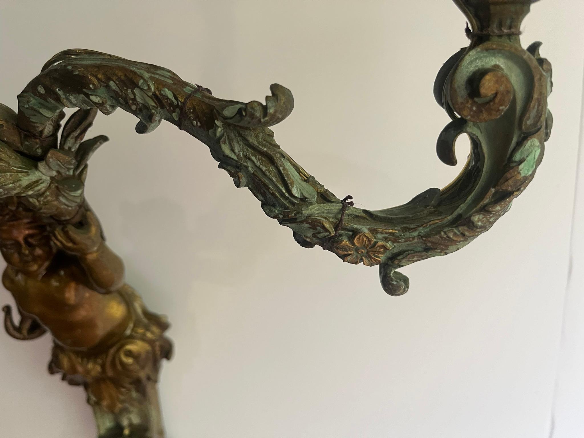 Set of French or Italian Large Bronze Sconces with Burnish and Verdigris 3