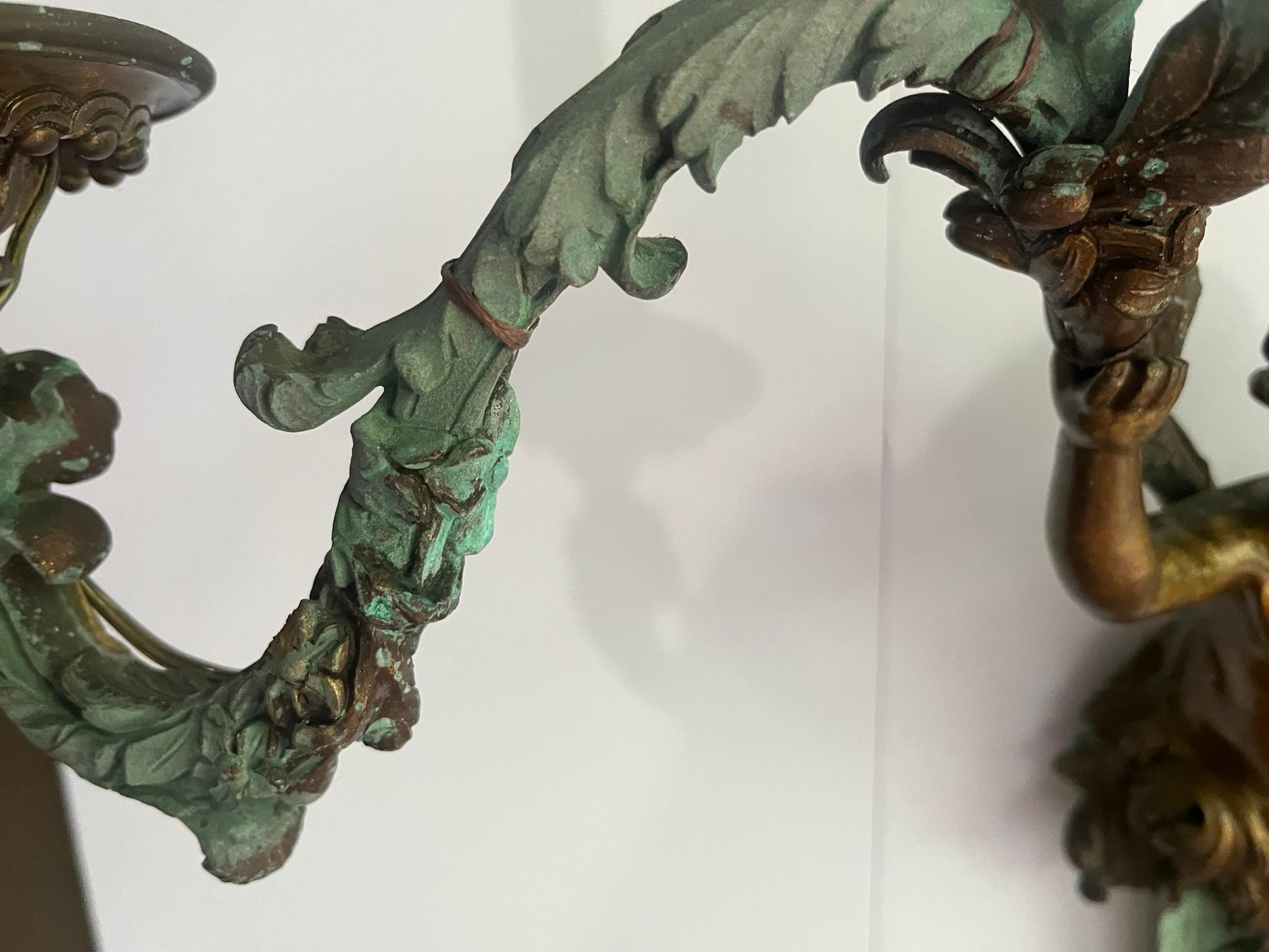Set of French or Italian Large Bronze Sconces with Burnish and Verdigris 4