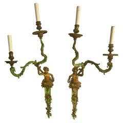 Set of French or Italian Large Bronze Sconces with Burnish and Verdigris