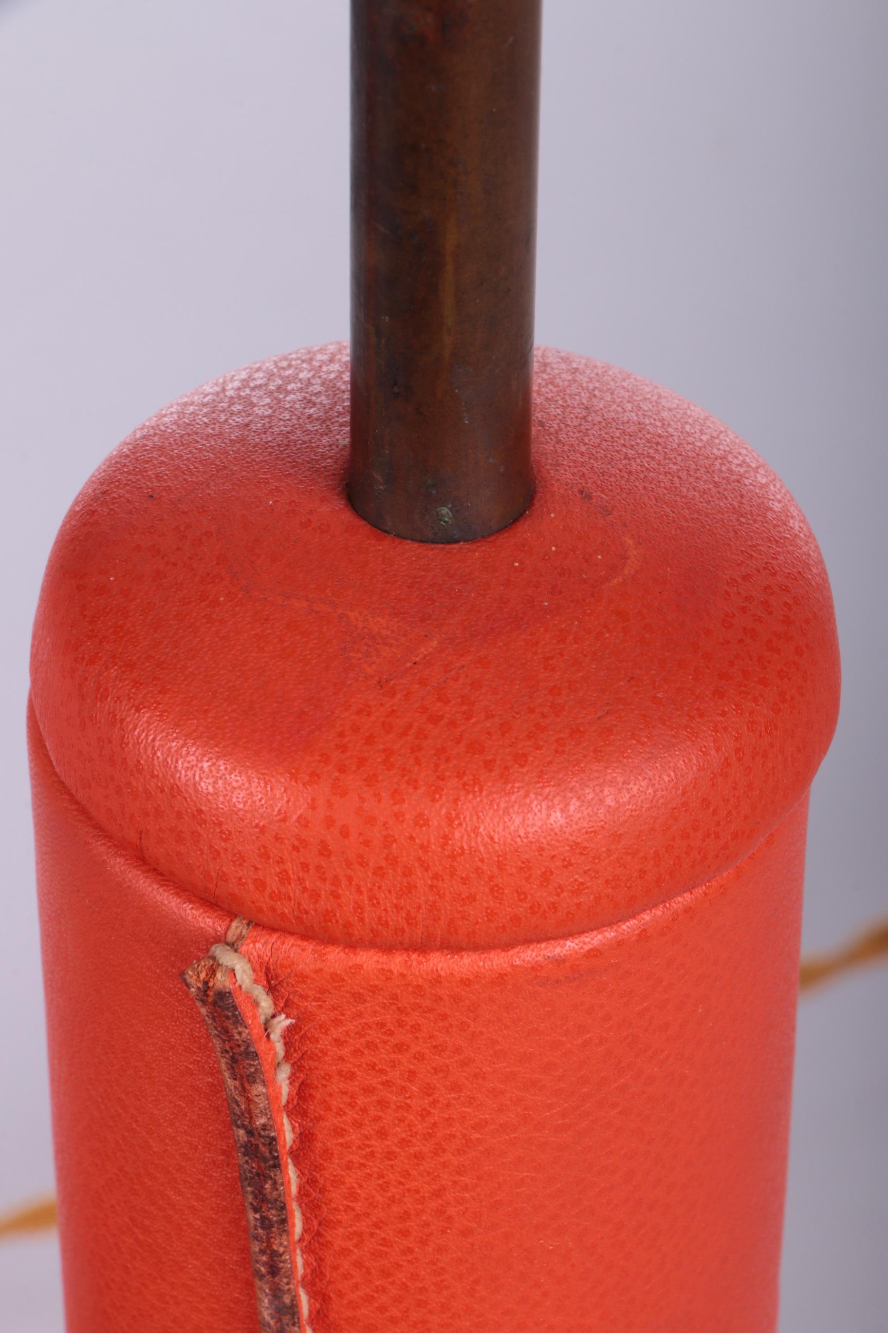 French Orange Leather Upholstered Table Lamps, 1960s In Good Condition For Sale In Oostrum-Venray, NL