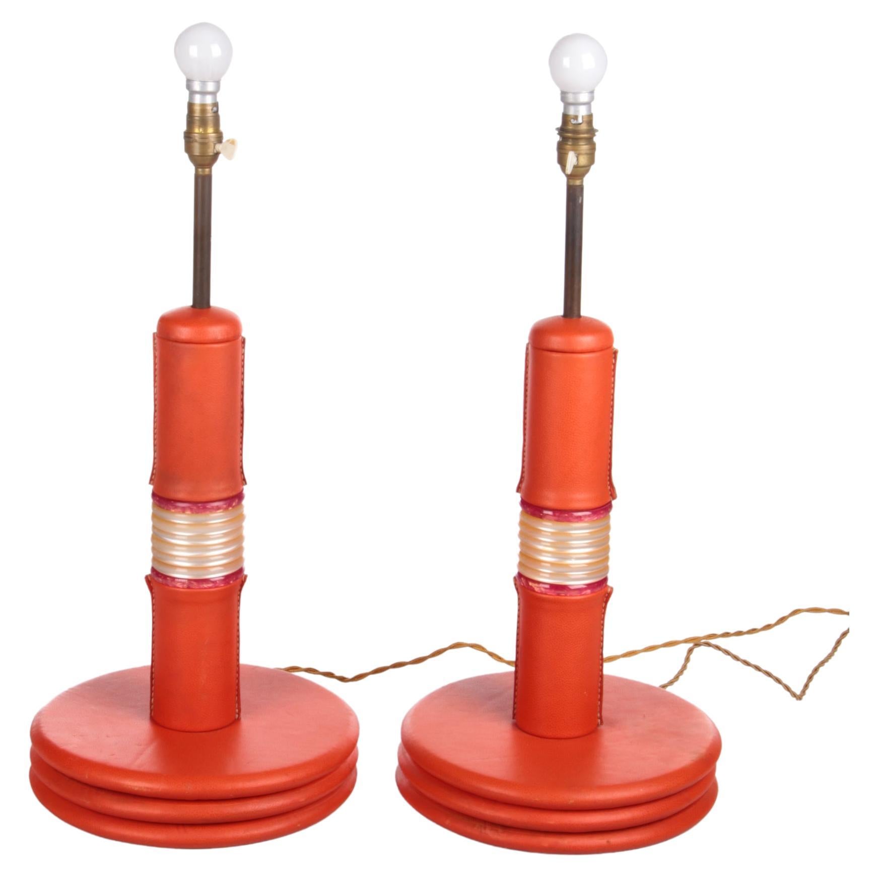Set of French Orange Leather Upholstered Table Lamps, 1960s For Sale