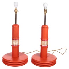 Set of French Orange Leather Upholstered Table Lamps, 1960s