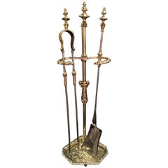 Antique Set of French Polished Brass Fire Tools on a Decorative Stand, 19th Century