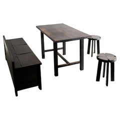 Set of French Rustic Mid Century Wooden Sofa, Table & Stools in Dark Oak, 1950s