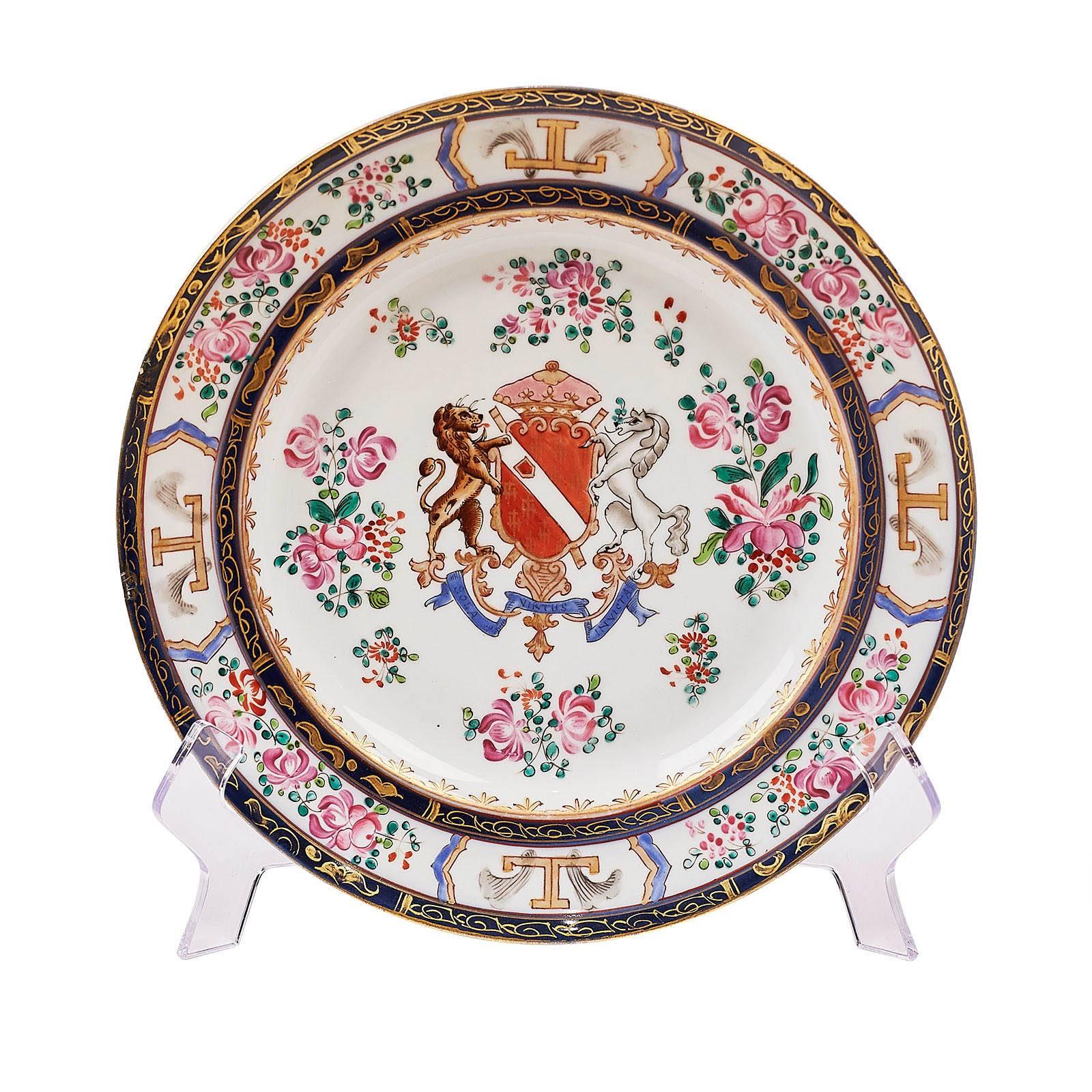 A very attractive set of nine Samson porcelain plates made in France circa 1860 in the Chinese Export Armorial style.   High quality hand painted plates done in the style of plates made about 120 years earlier.  The Samson firm excelled at