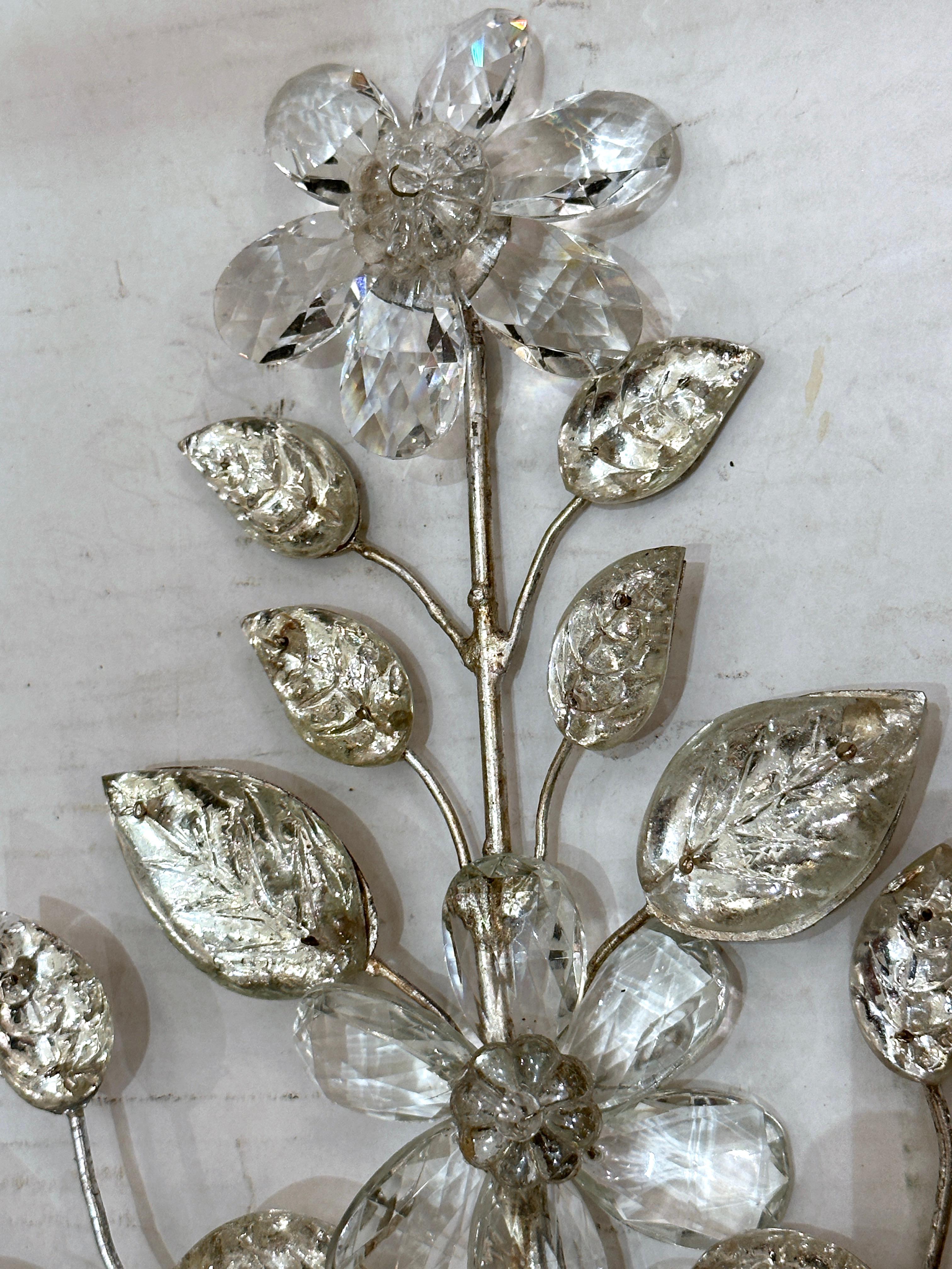 Set of 4 French 1930's silver plated sconces with molded glass leaves and crystal flowers. Sold per pair.
Measurements:
Height: 18