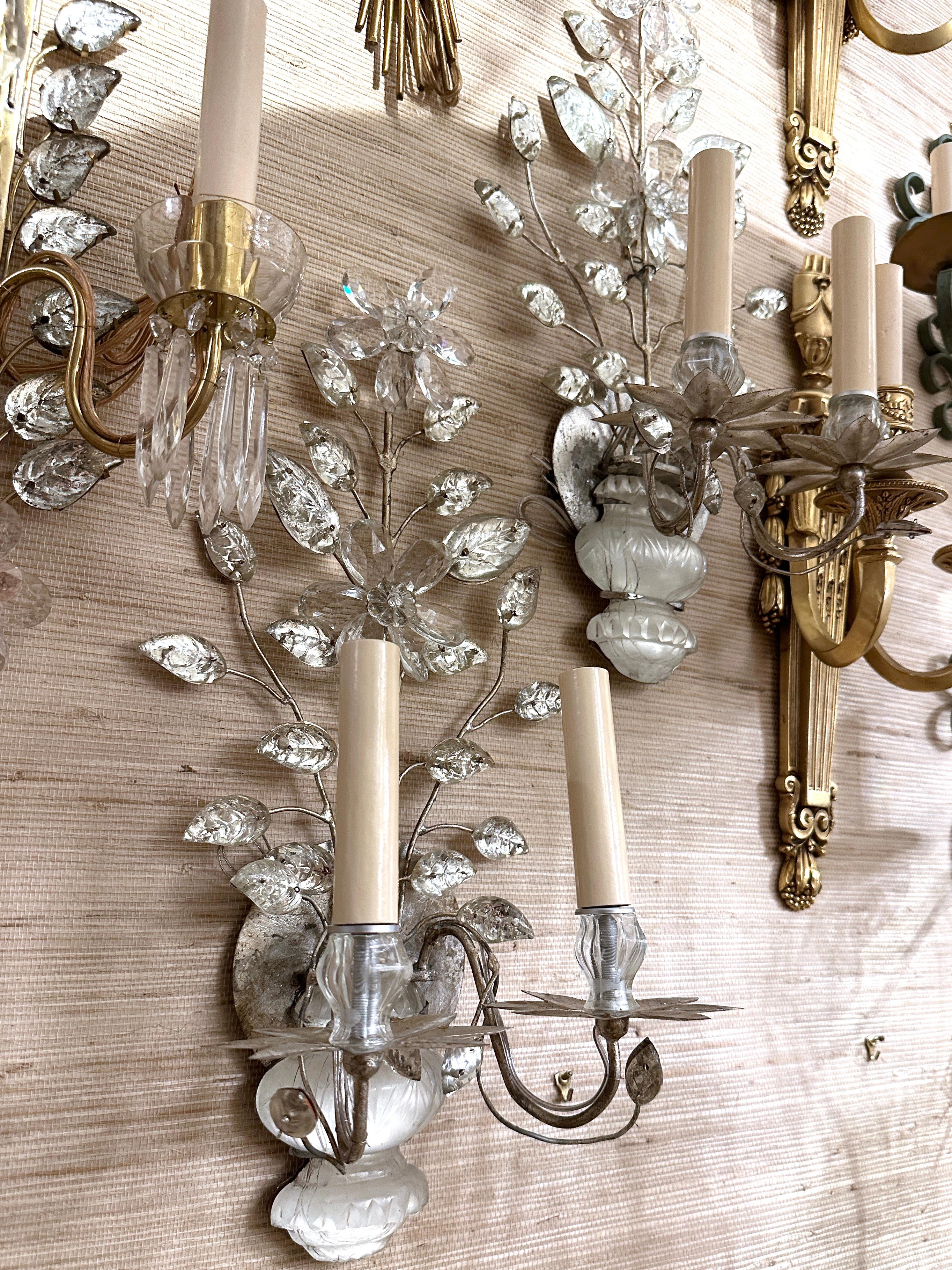 Silver Plate Set of French Sconces with Molded Glass Leaves. Sold in Pairs For Sale