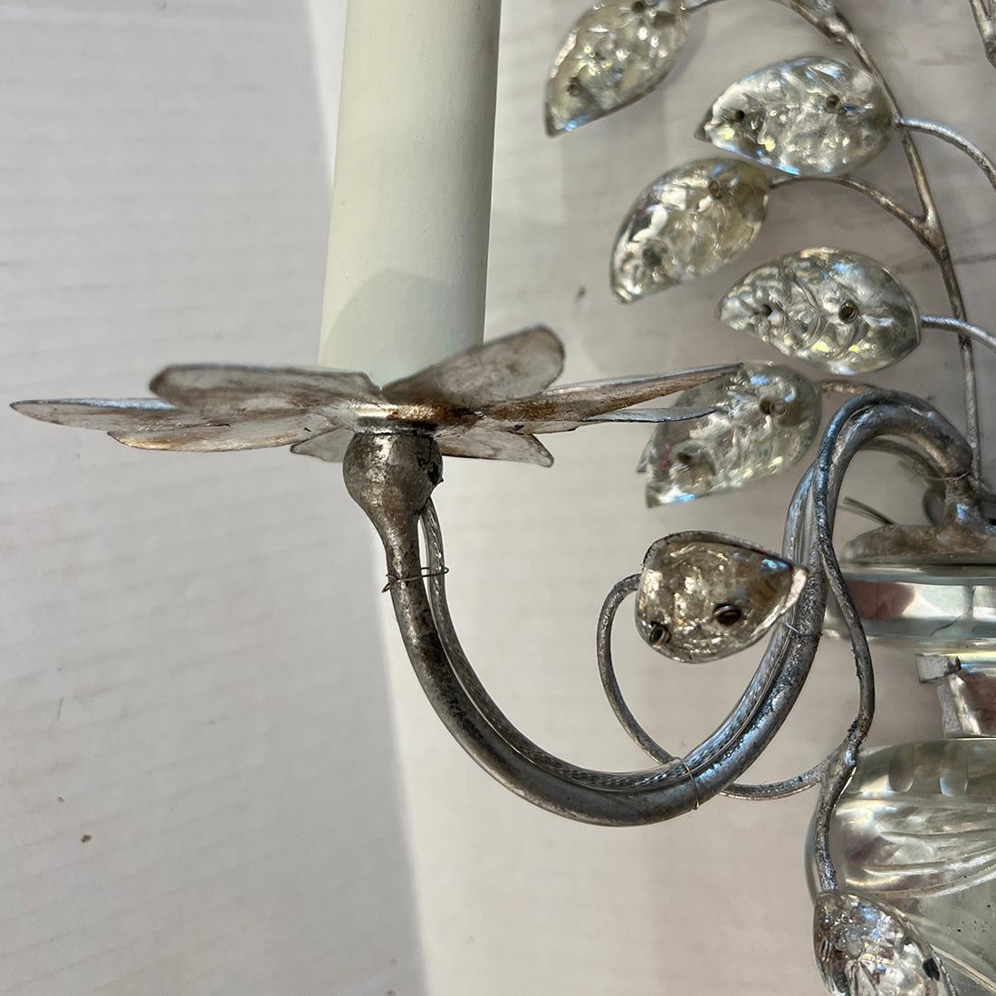 Mid-20th Century Set of French Sconces with Molded Glass Leaves. Sold in Pairs For Sale