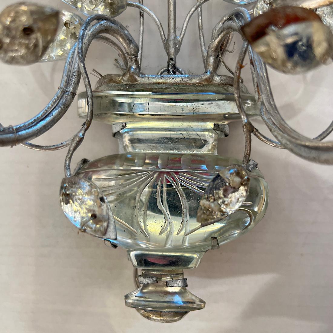 Silver Plate Set of French Sconces with Molded Glass Leaves. Sold in Pairs For Sale