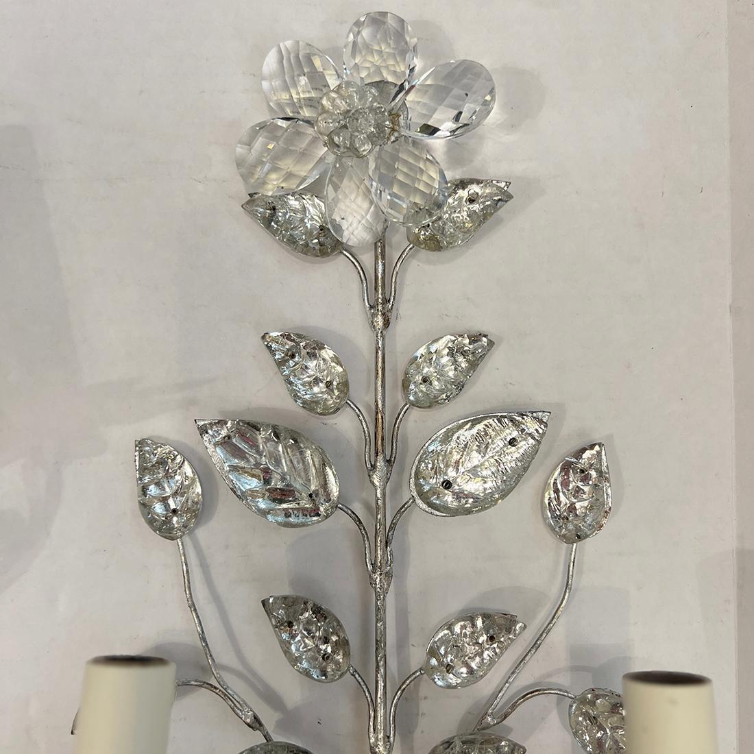Set of 4 French 1930's silver plated sconces with molded glass leaves and crystal flowers. Sold per pair.
Measurements:
Height: 18