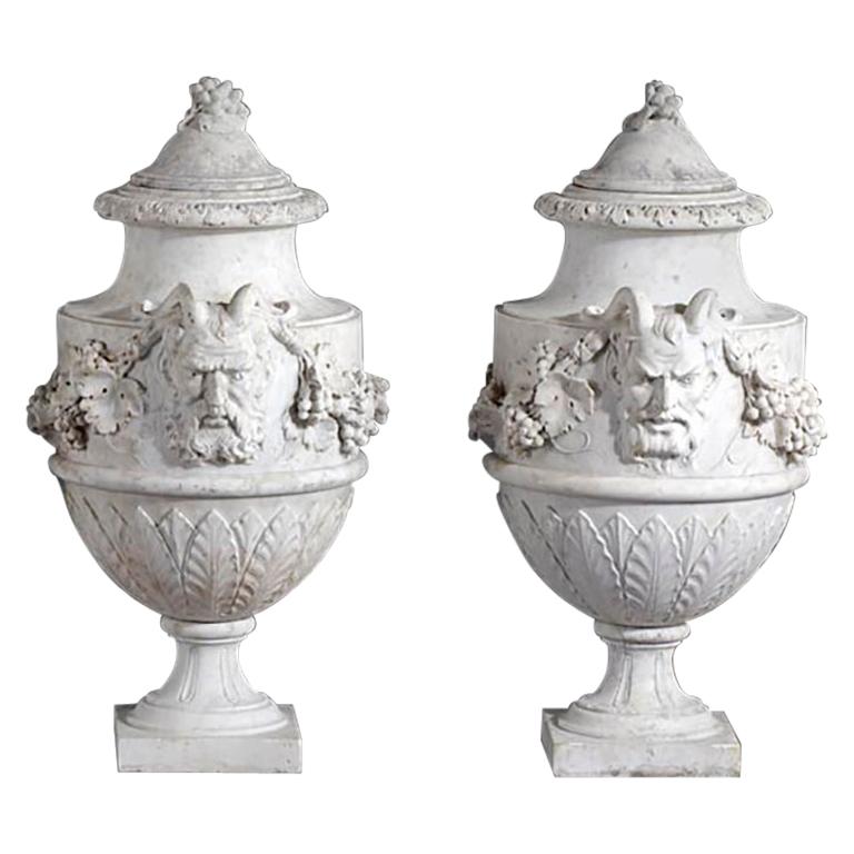 Set of French Sculpted White Marble Vases in Neoclassical Style