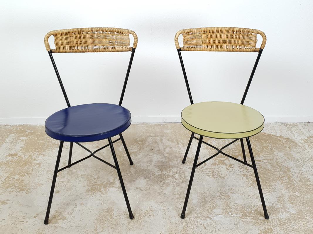 Mid-20th Century Set of French Side Chairs Rattan Black
