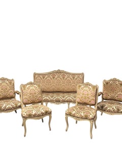 Set of French sofa 2 armchairs 2 chairs carved painted wood - Louis XV style