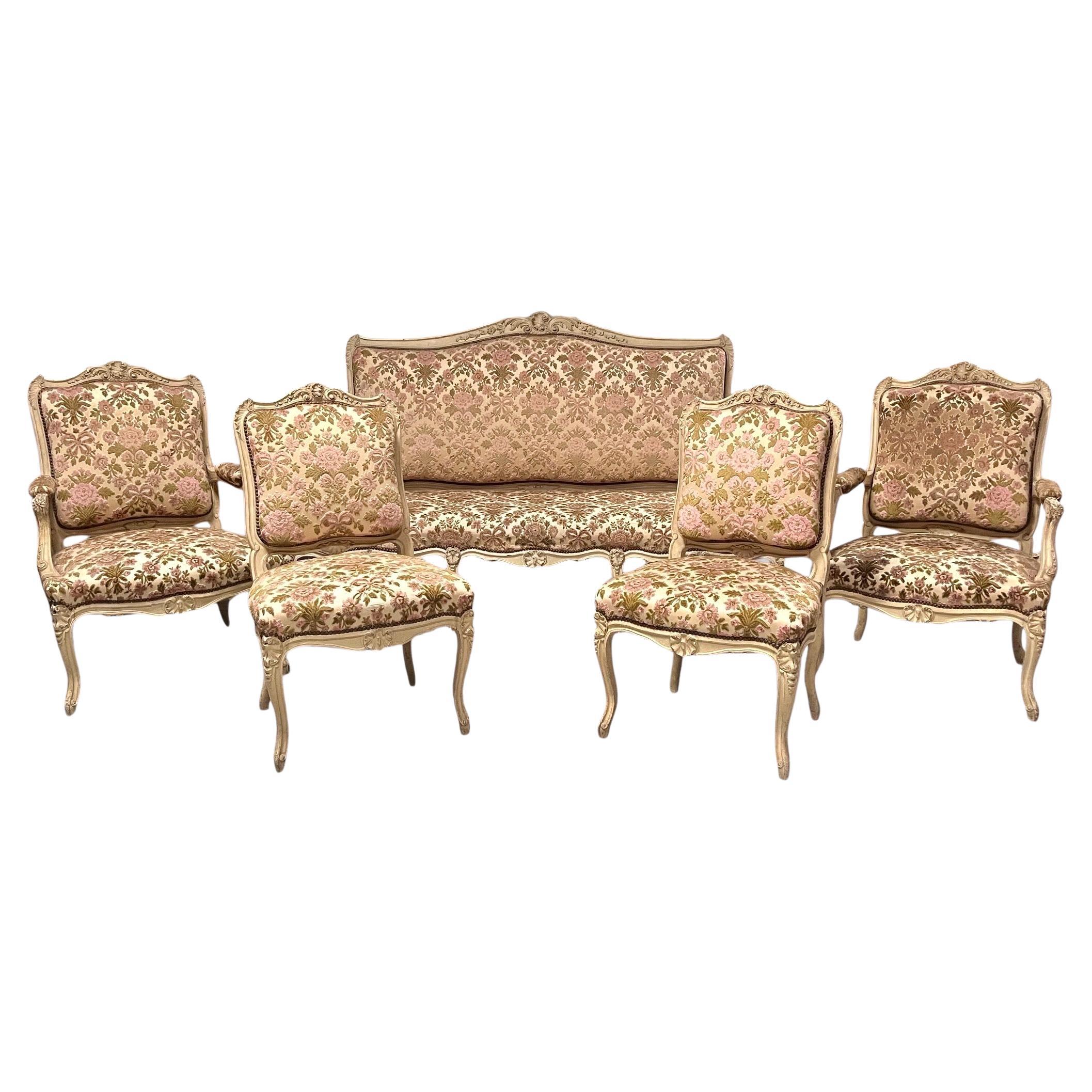 Set of French sofa 2 armchairs 2 chairs carved painted wood - Louis XV style