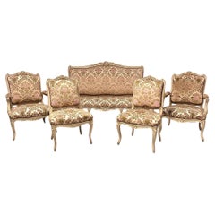 Set of French sofa 2 armchairs 2 chairs carved painted wood - Louis XV style