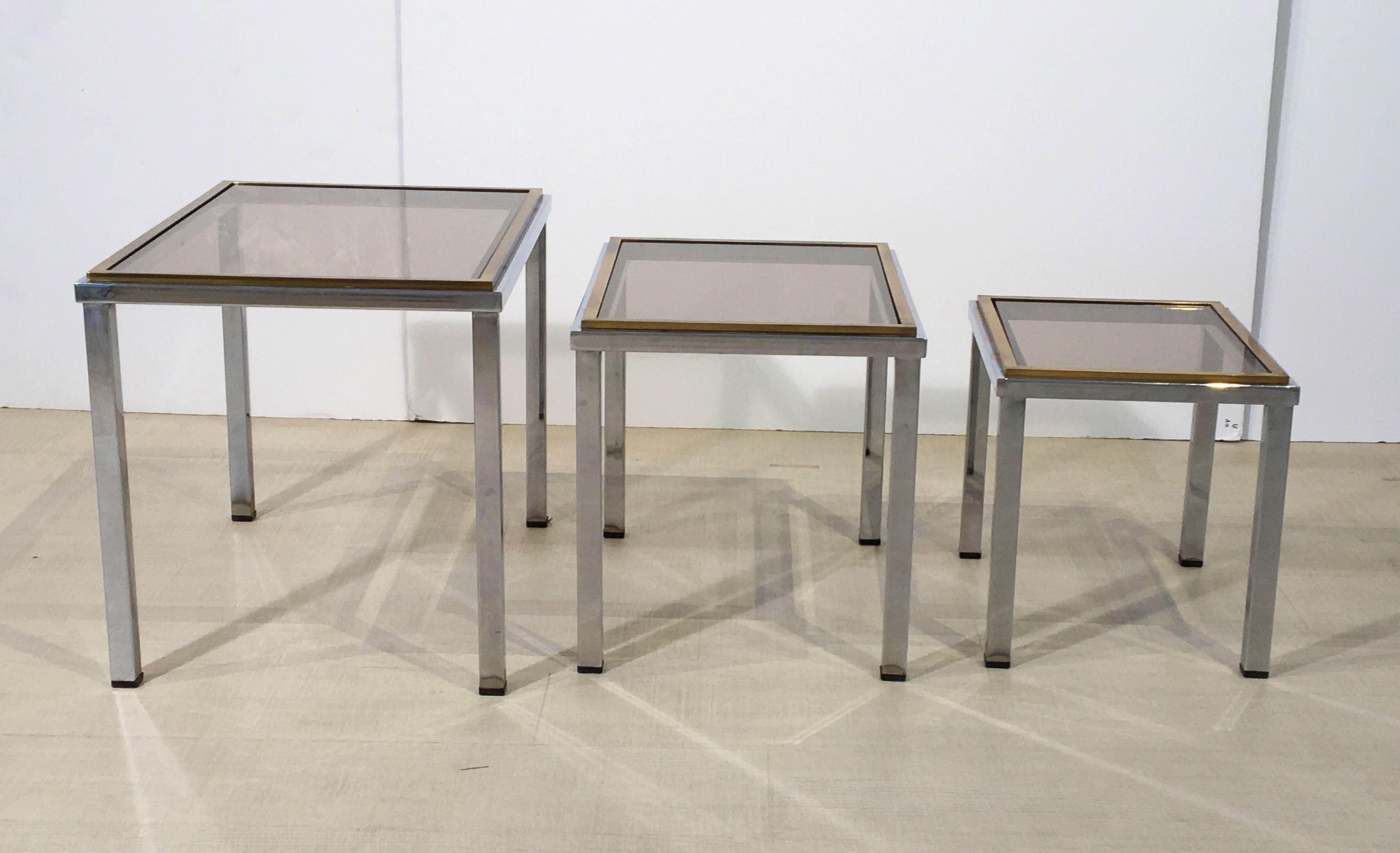 Set of French Stacking or Nesting Tables of Chrome and Brass 6