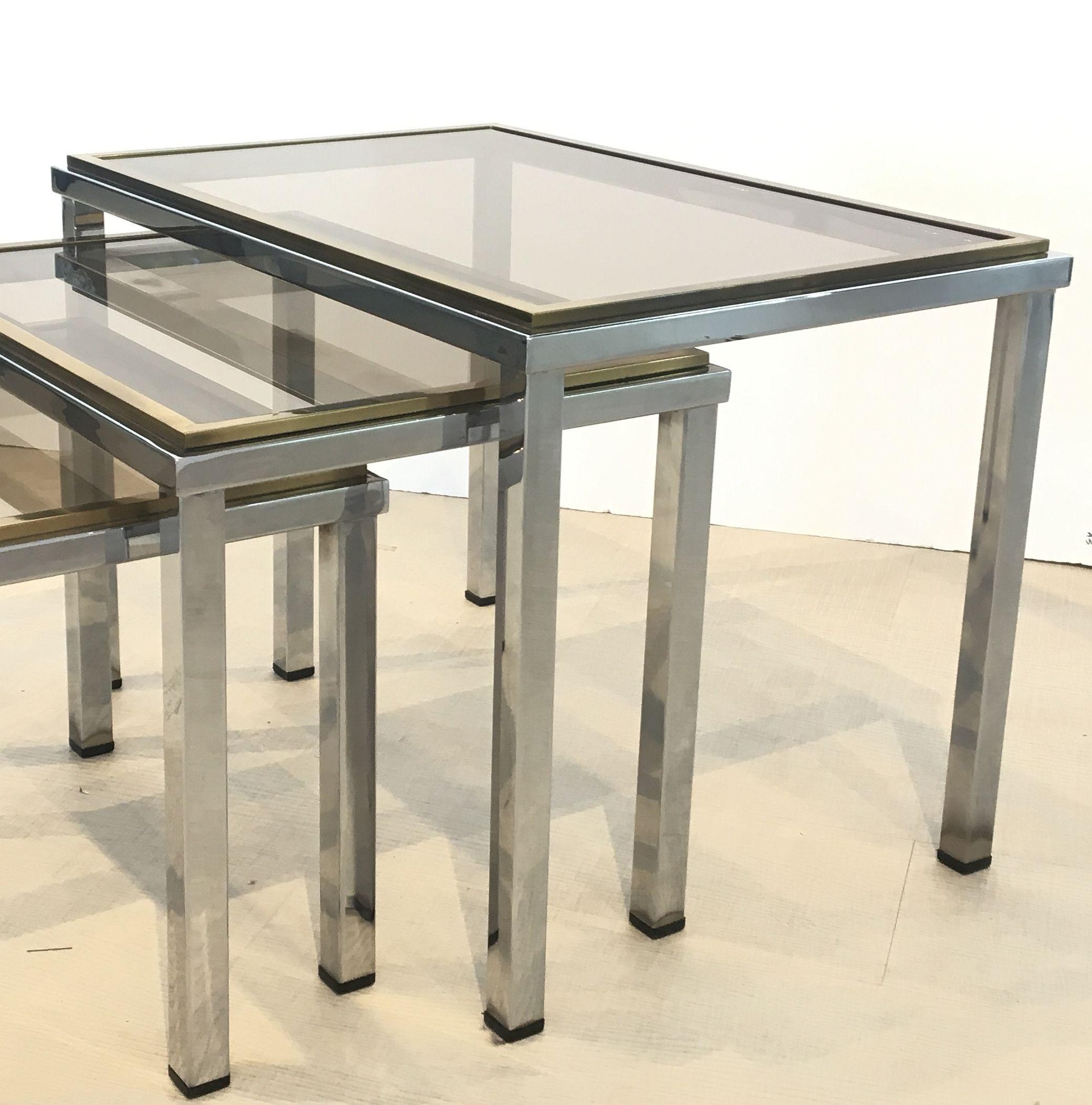 Set of French Stacking or Nesting Tables of Chrome and Brass 7