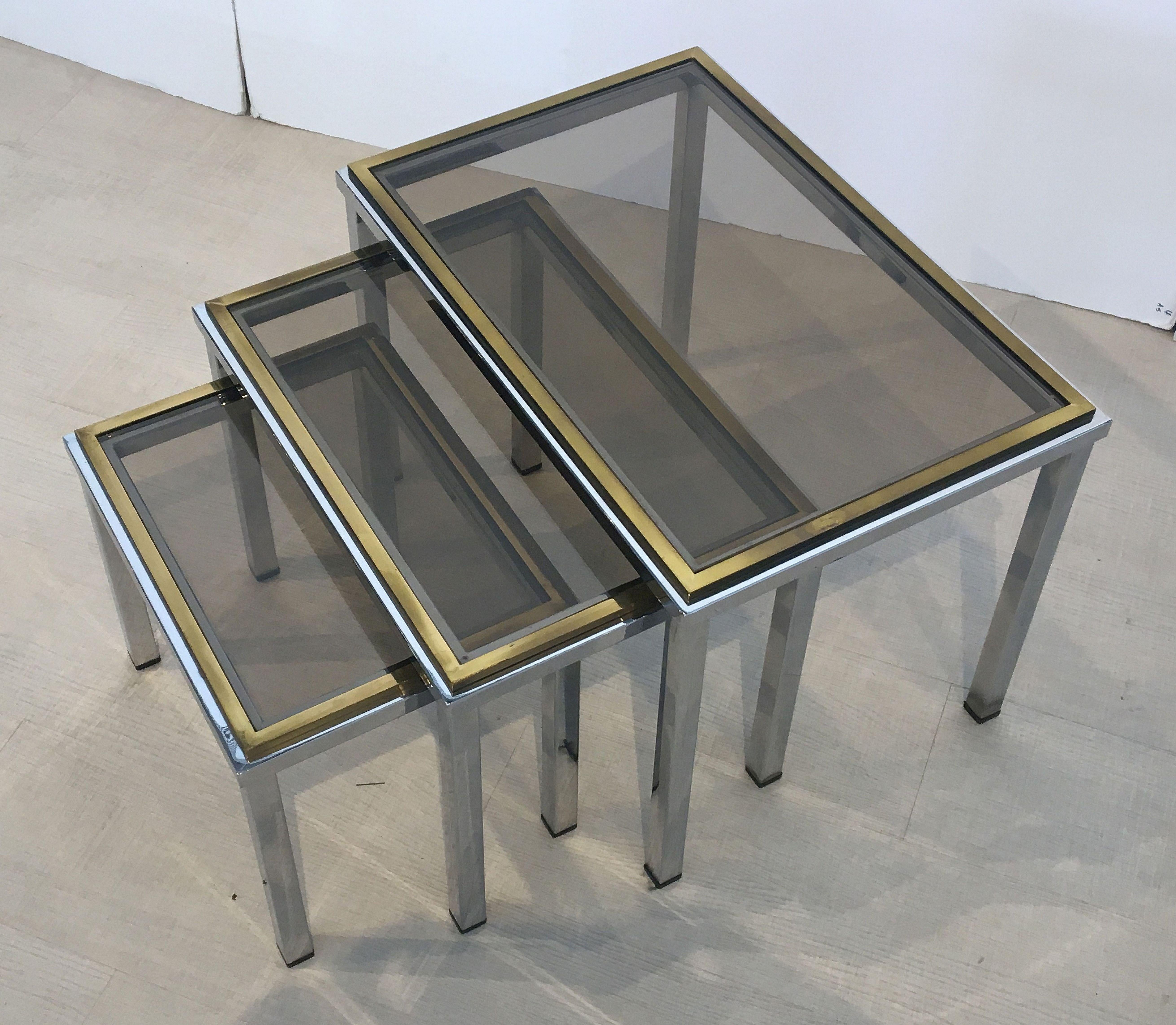 Set of French Stacking or Nesting Tables of Chrome and Brass 8