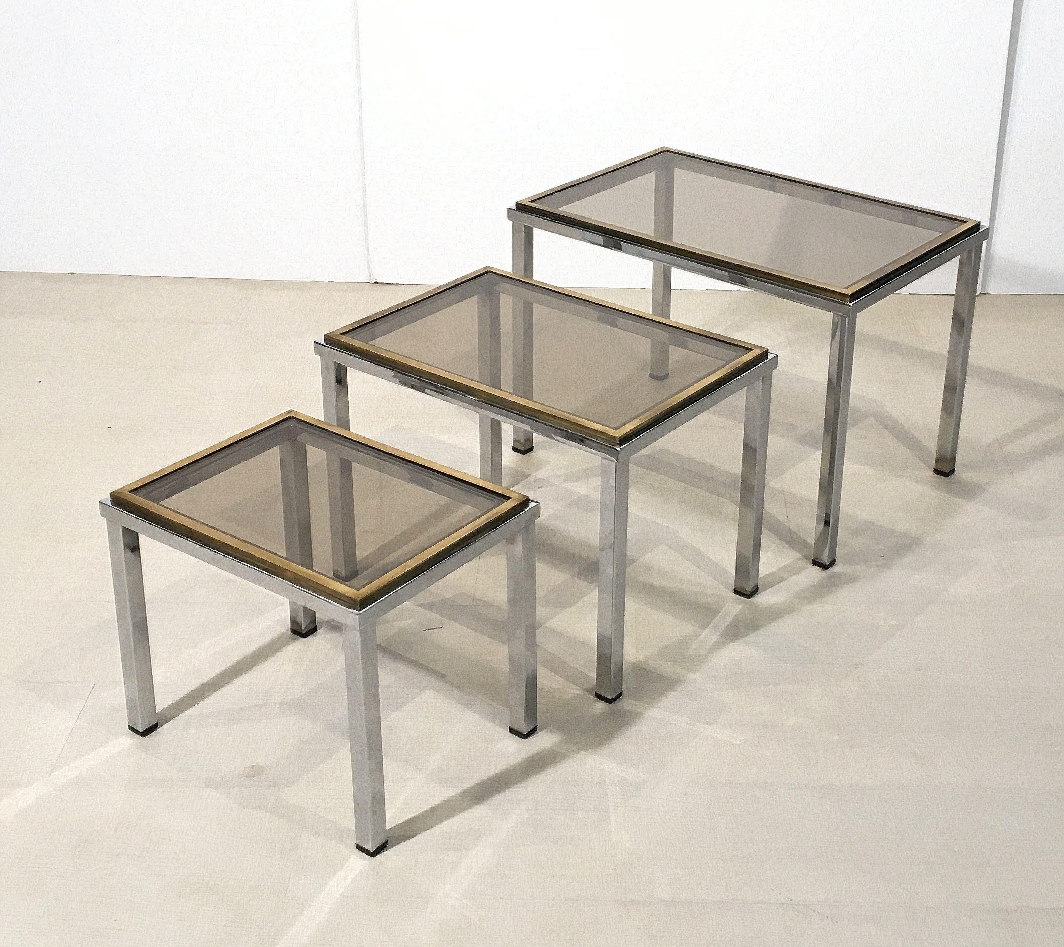 Set of French Stacking or Nesting Tables of Chrome and Brass 9