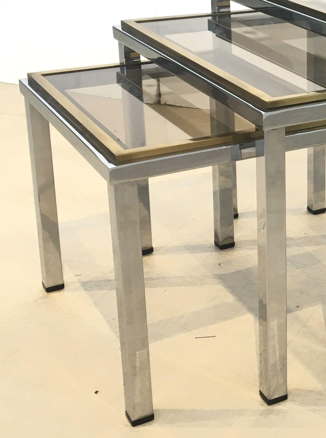 Set of French Stacking or Nesting Tables of Chrome and Brass 10
