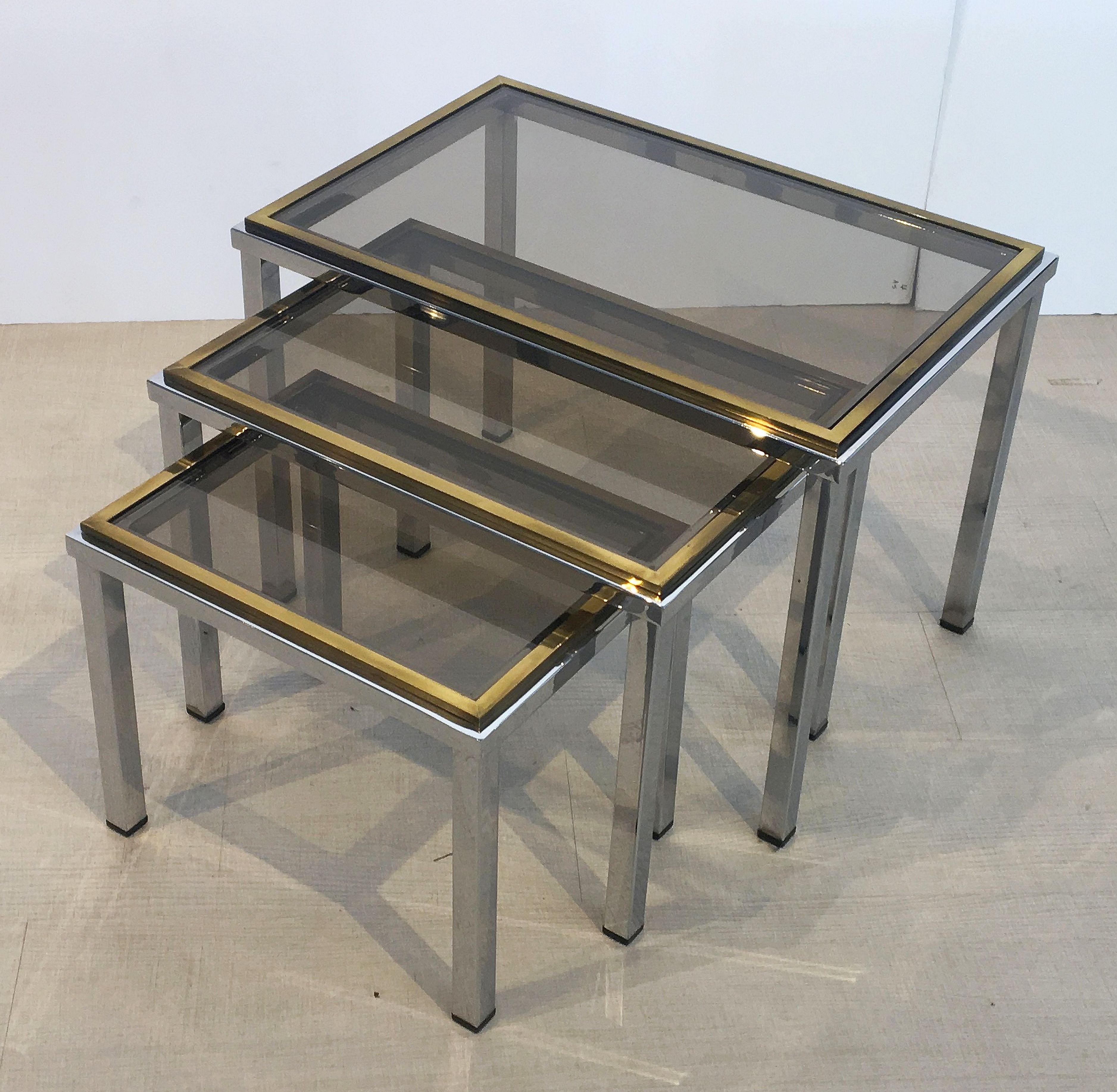 Set of French Stacking or Nesting Tables of Chrome and Brass In Good Condition In Austin, TX