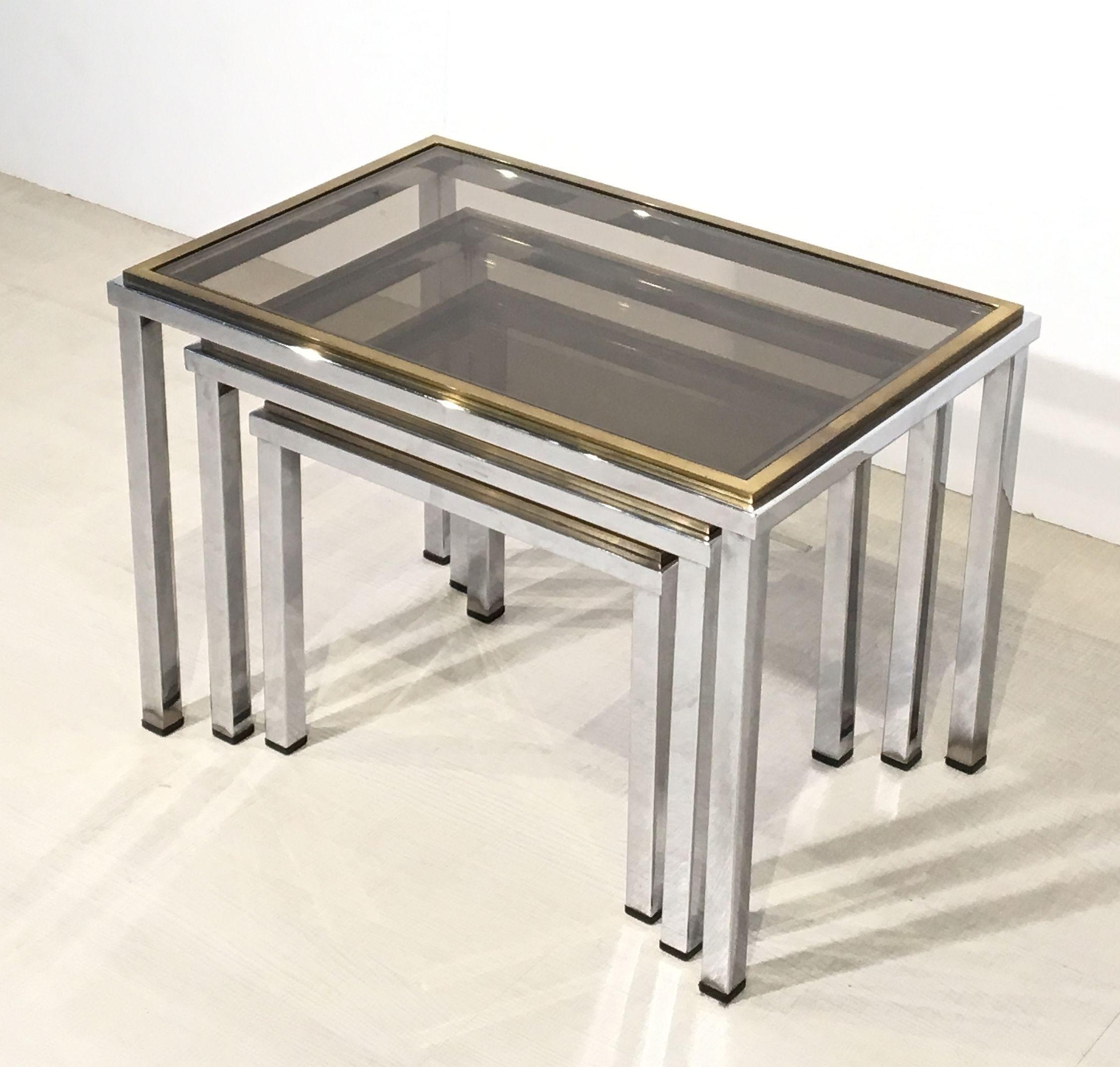Set of French Stacking or Nesting Tables of Chrome and Brass 1