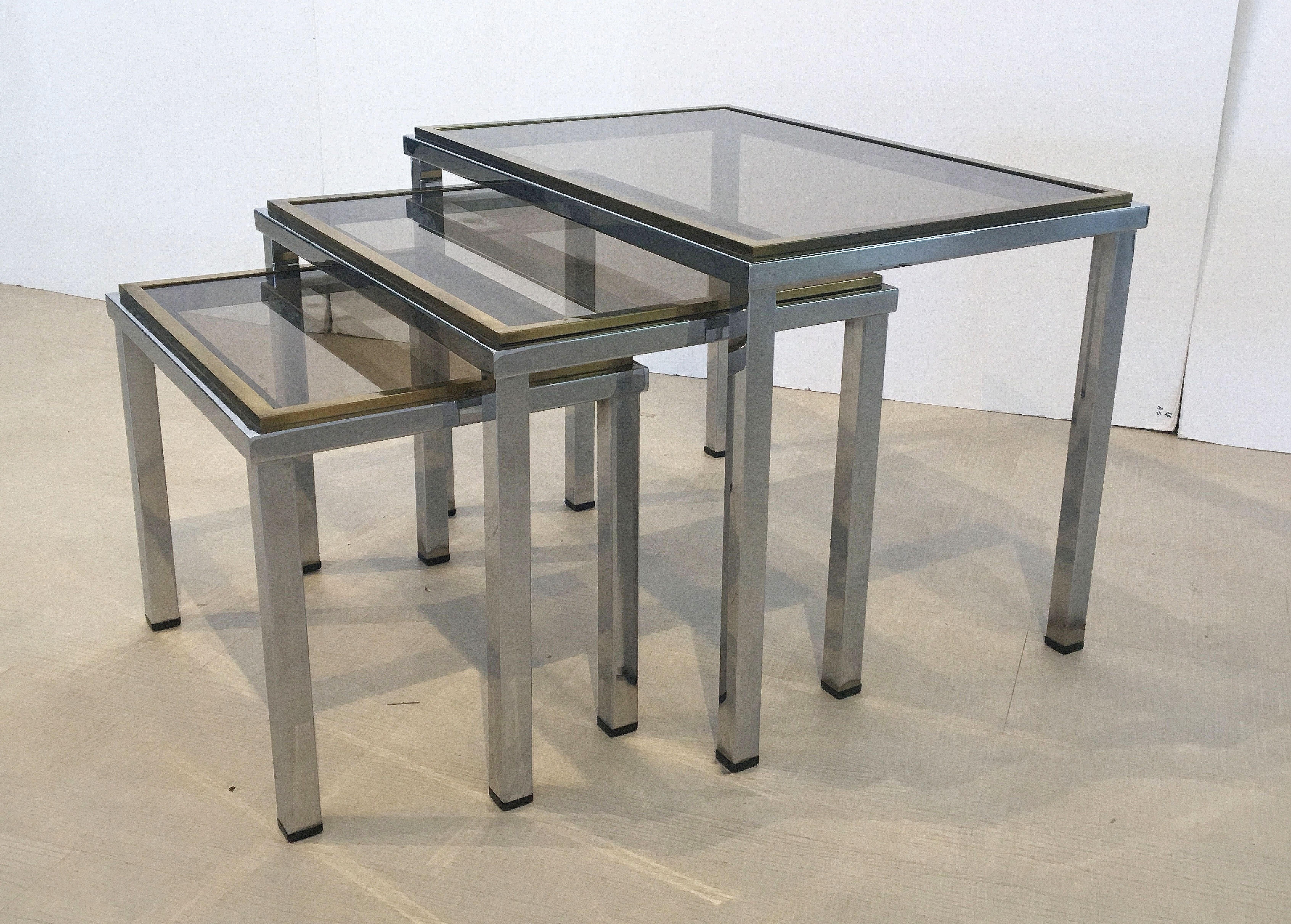 Set of French Stacking or Nesting Tables of Chrome and Brass 2