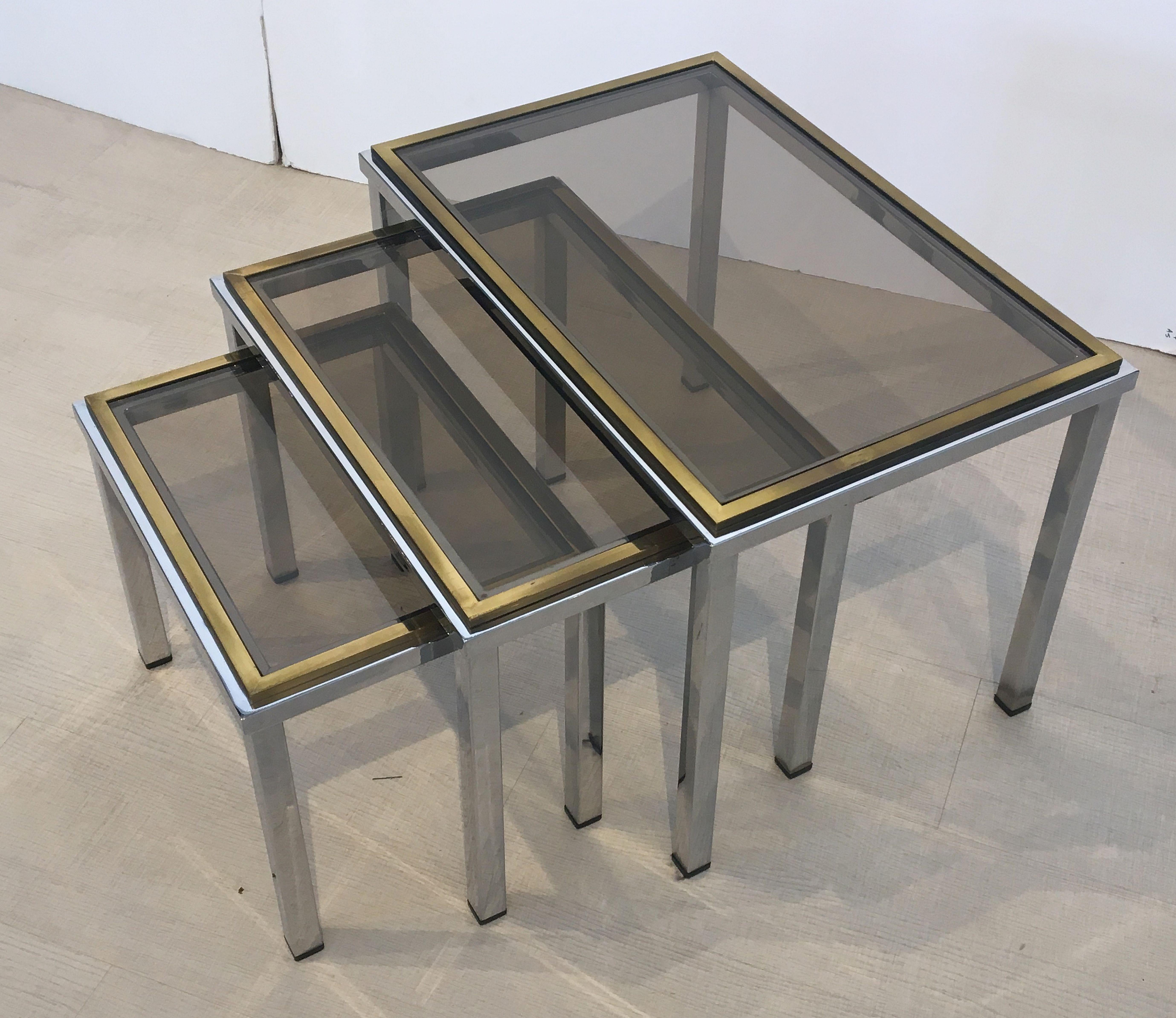 Set of French Stacking or Nesting Tables of Chrome and Brass 3