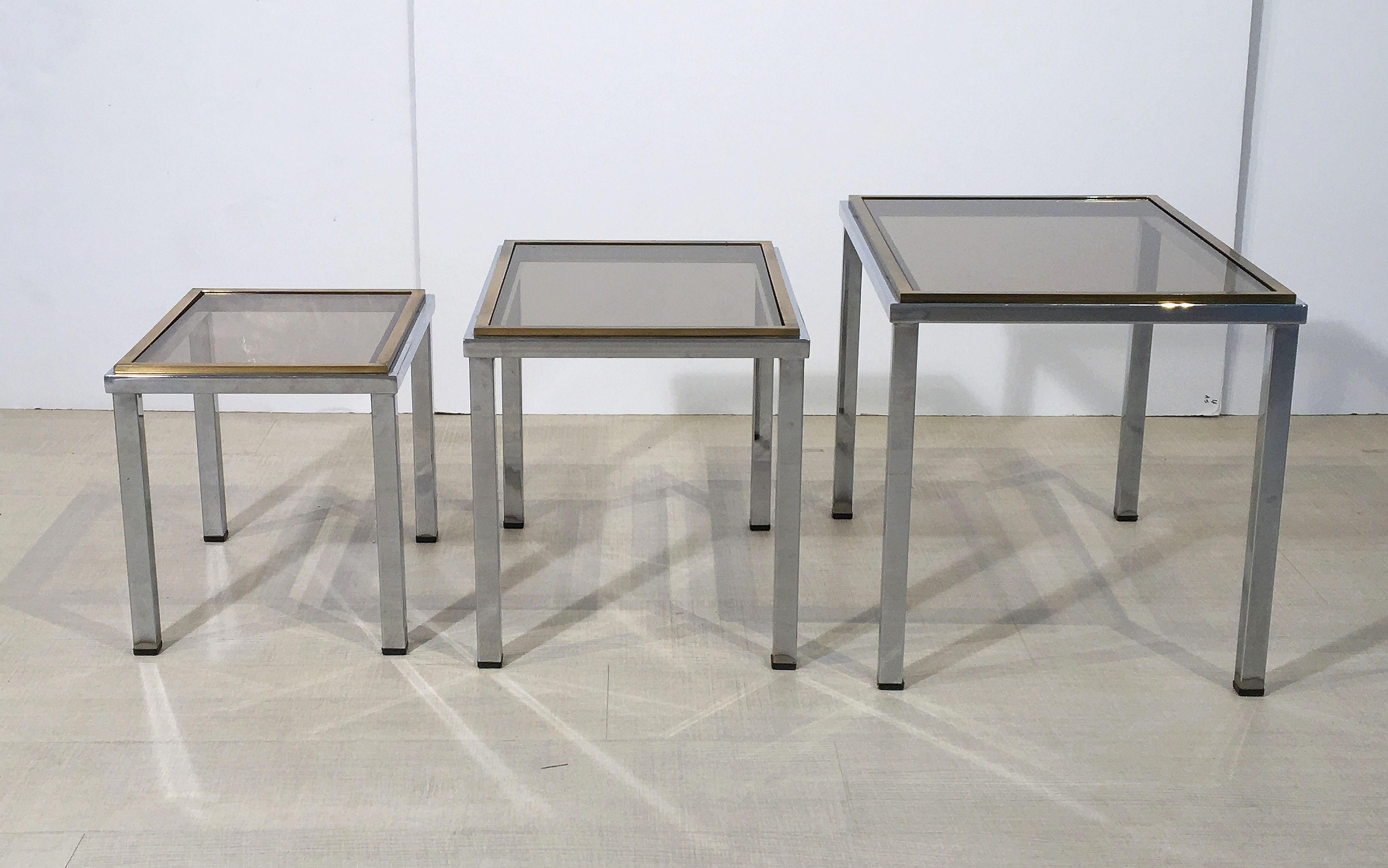 Set of French Stacking or Nesting Tables of Chrome and Brass 4