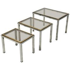 Set of French Stacking or Nesting Tables of Chrome and Brass