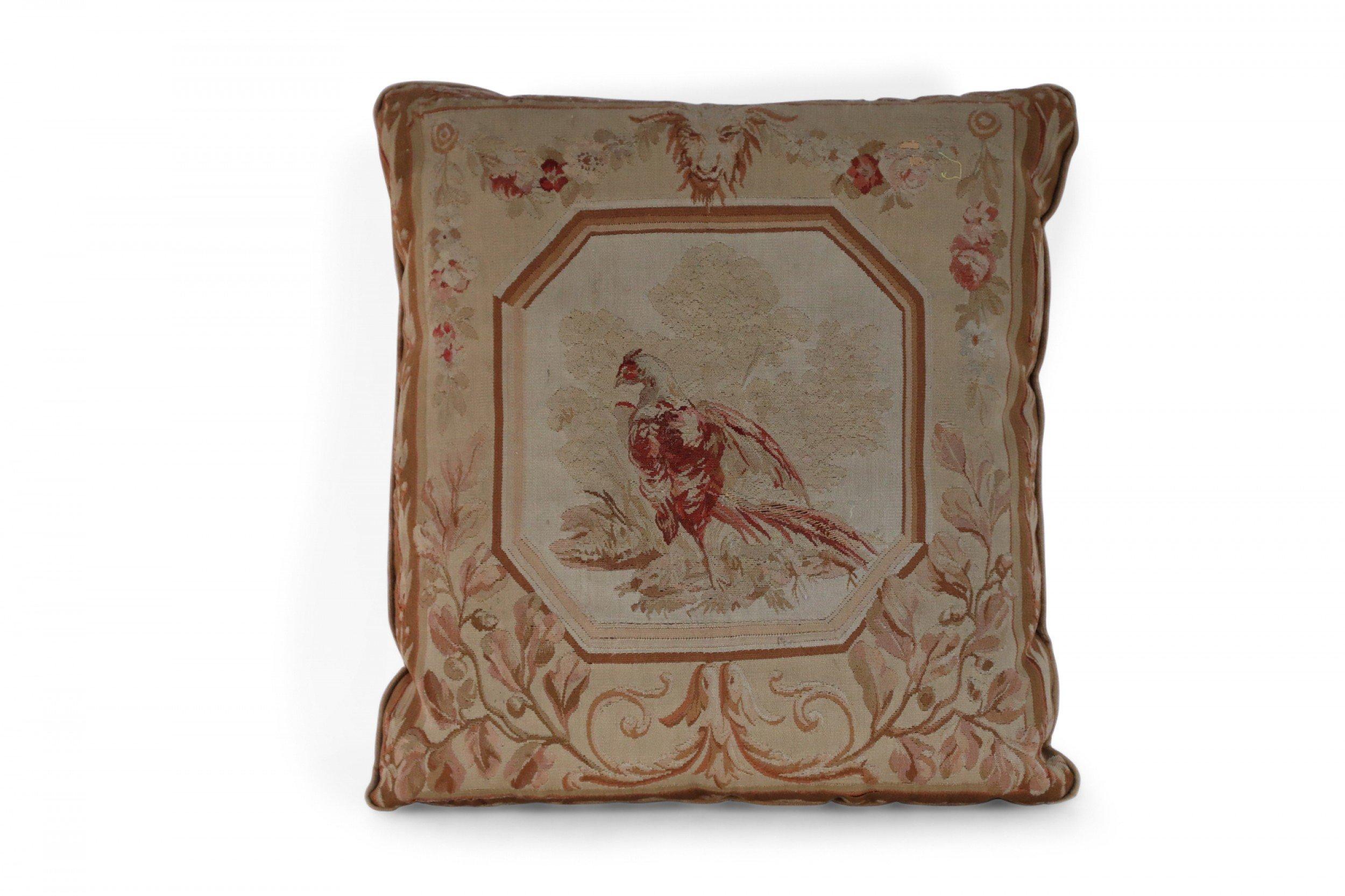 20th Century Set of French Victorian Beige Square Aubusson Bird Pillows For Sale