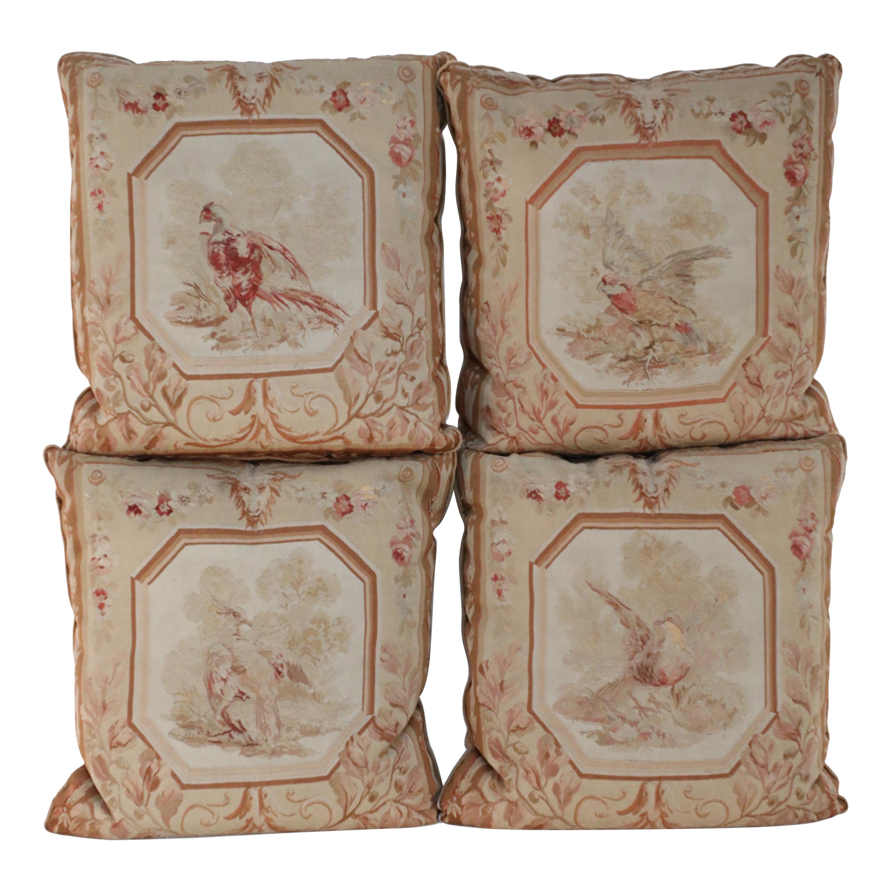 Set of French Victorian Beige Square Aubusson Bird Pillows For Sale